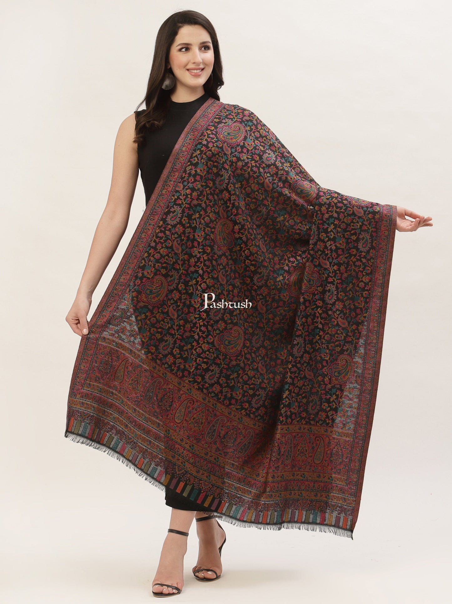 Pashwool Womens Shawls Pashtush Womens Woollen Ethnic Design Shawl, Soft And Warm, Light Weight, Multicolour