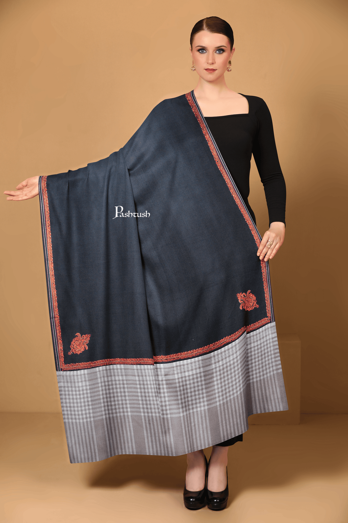 Pashtush India Womens Shawls Pashtush Womens Woollen Shawl, Design, Black