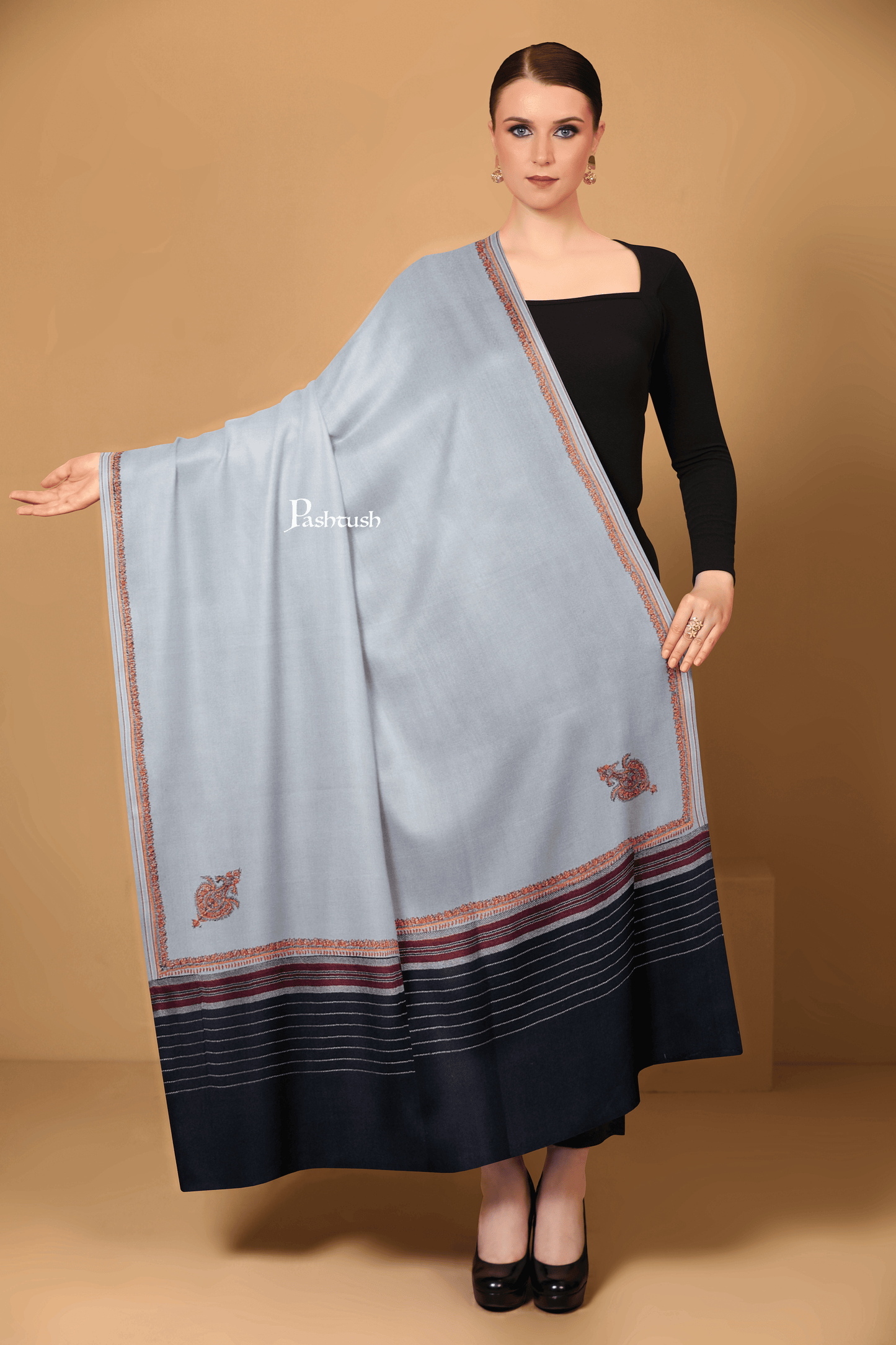Pashtush India Womens Shawls Pashtush Womens Woollen Shawl, Hand Embroidered Kingri Design, Grey
