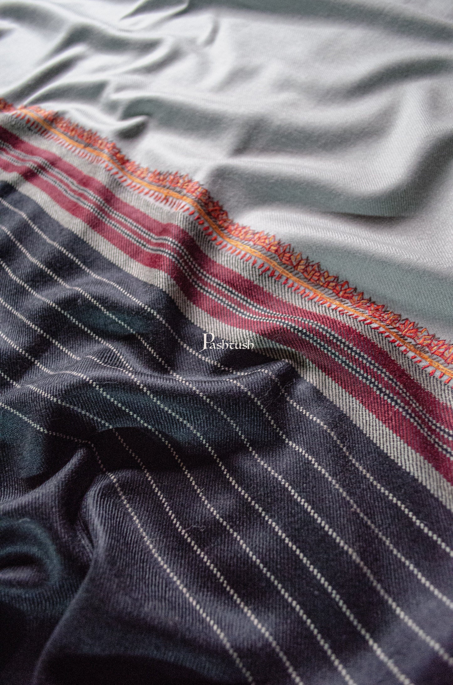 Pashtush India Womens Shawls Pashtush Womens Woollen Shawl, Hand Embroidered Kingri Design, Grey
