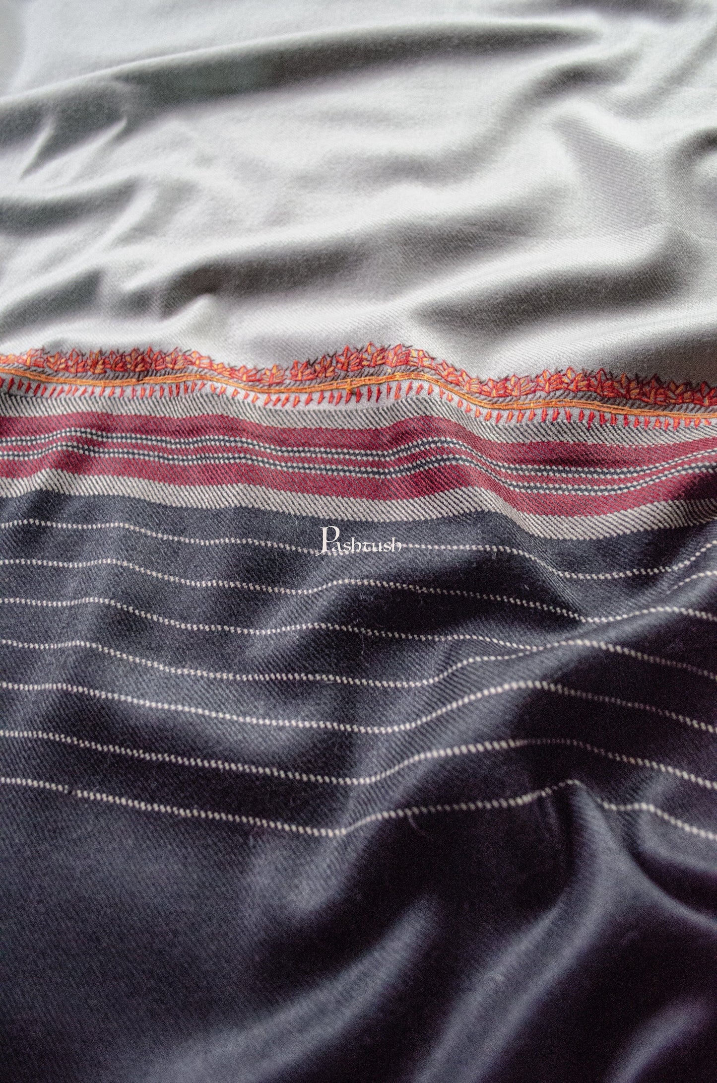 Pashtush India Womens Shawls Pashtush Womens Woollen Shawl, Hand Embroidered Kingri Design, Grey