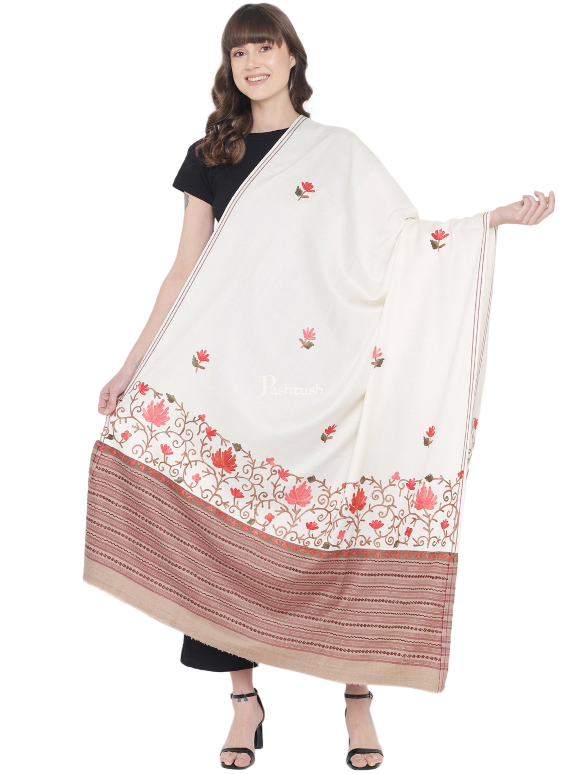 Pashtush India Womens Shawls Pashtush Womens Woollen Shawl, Stitched Palla, Aari Embroidery, White