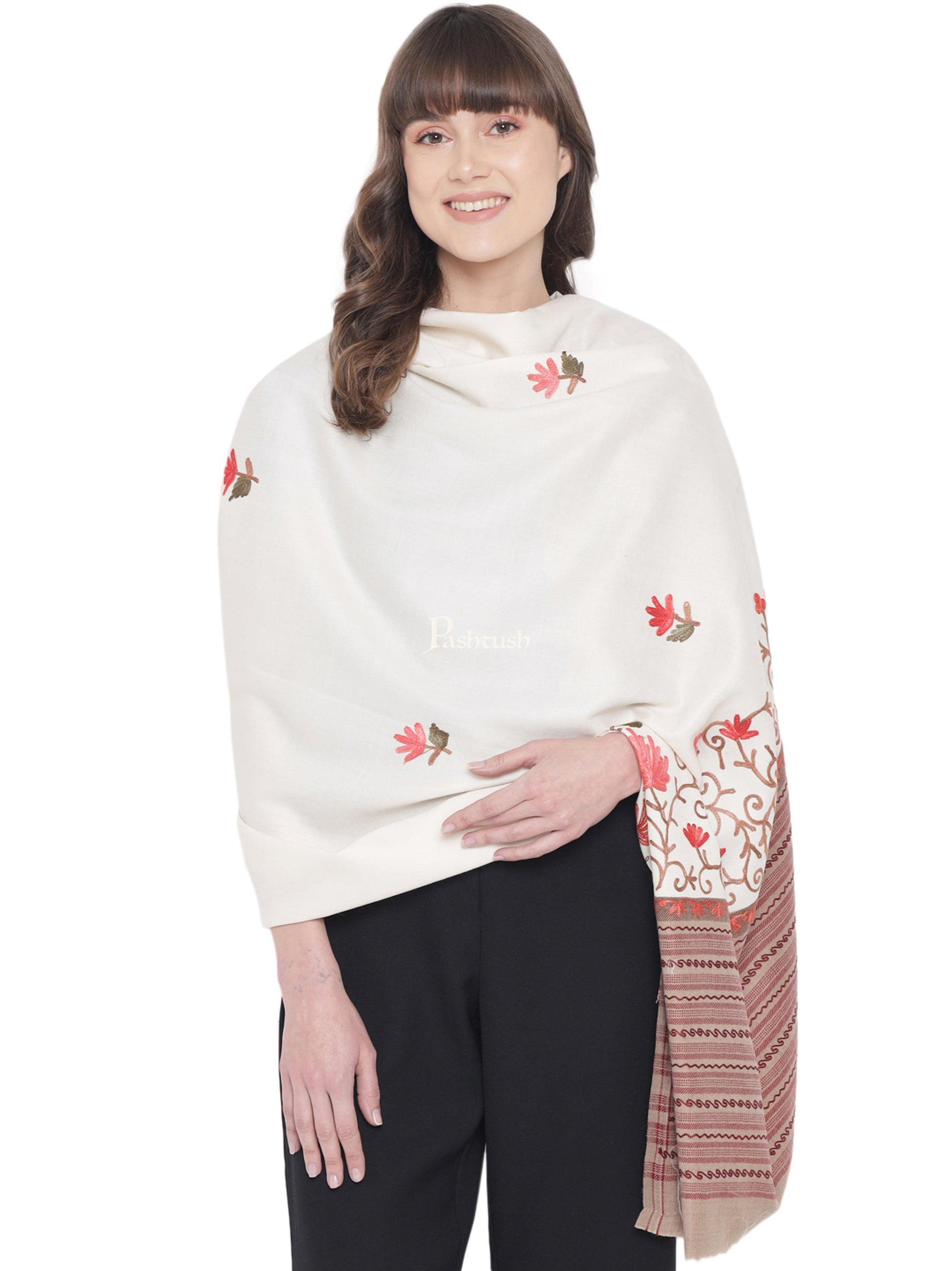 Pashtush India Womens Shawls Pashtush Womens Woollen Shawl, Stitched Palla, Aari Embroidery, White