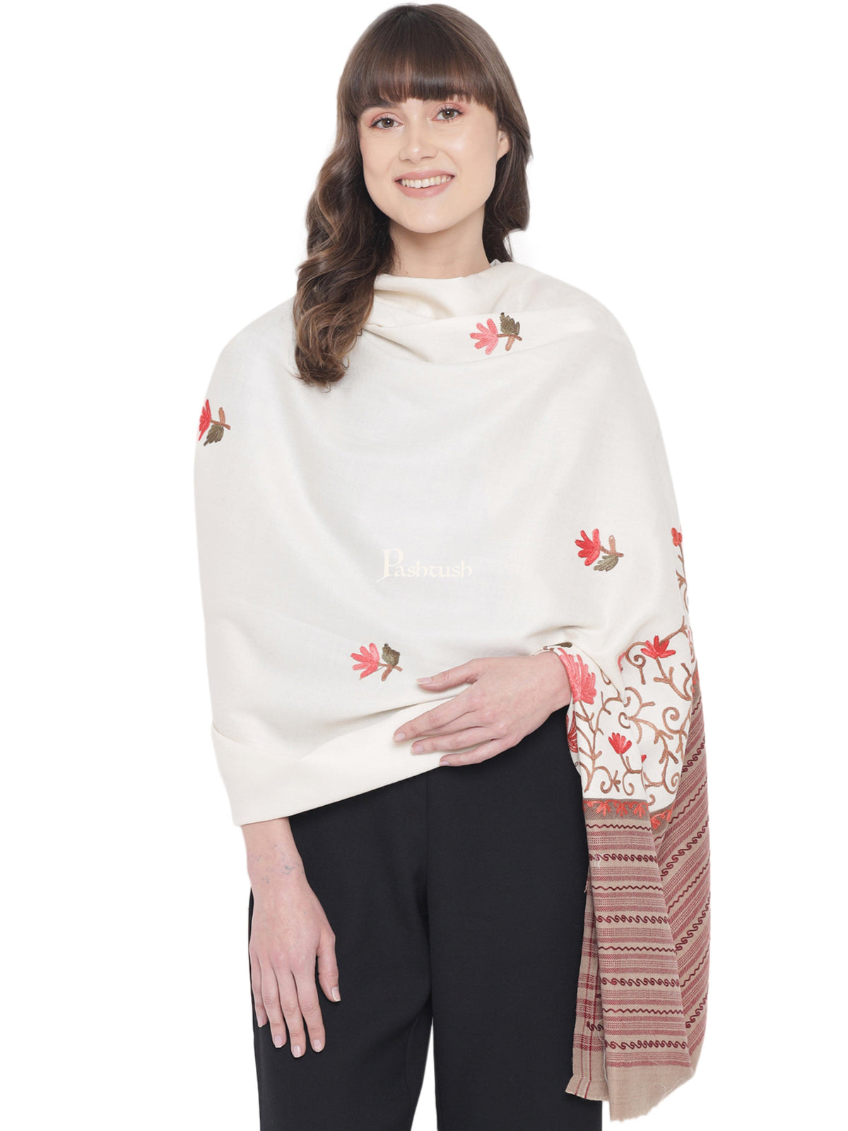 Pashtush India Womens Shawls Pashtush Womens Woollen Shawl, Stitched Palla, Aari Embroidery, White