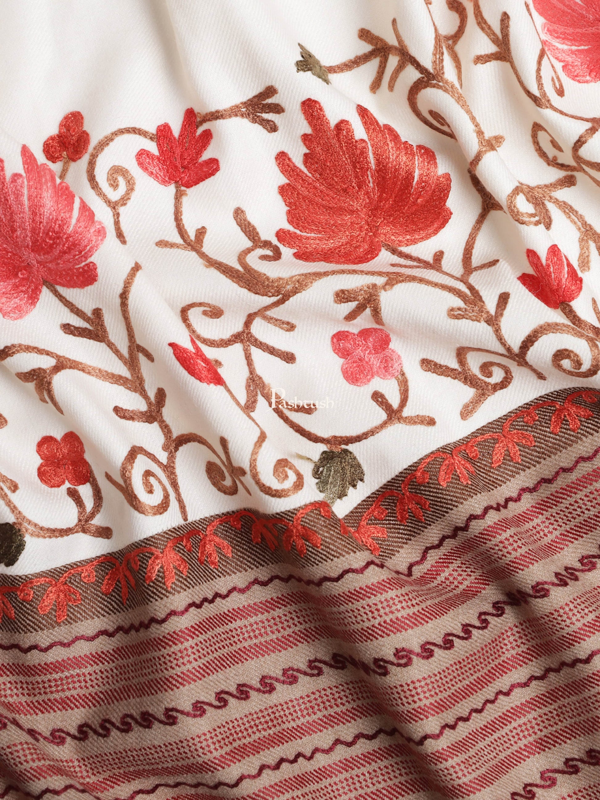 Pashtush India Womens Shawls Pashtush Womens Woollen Shawl, Stitched Palla, Aari Embroidery, White