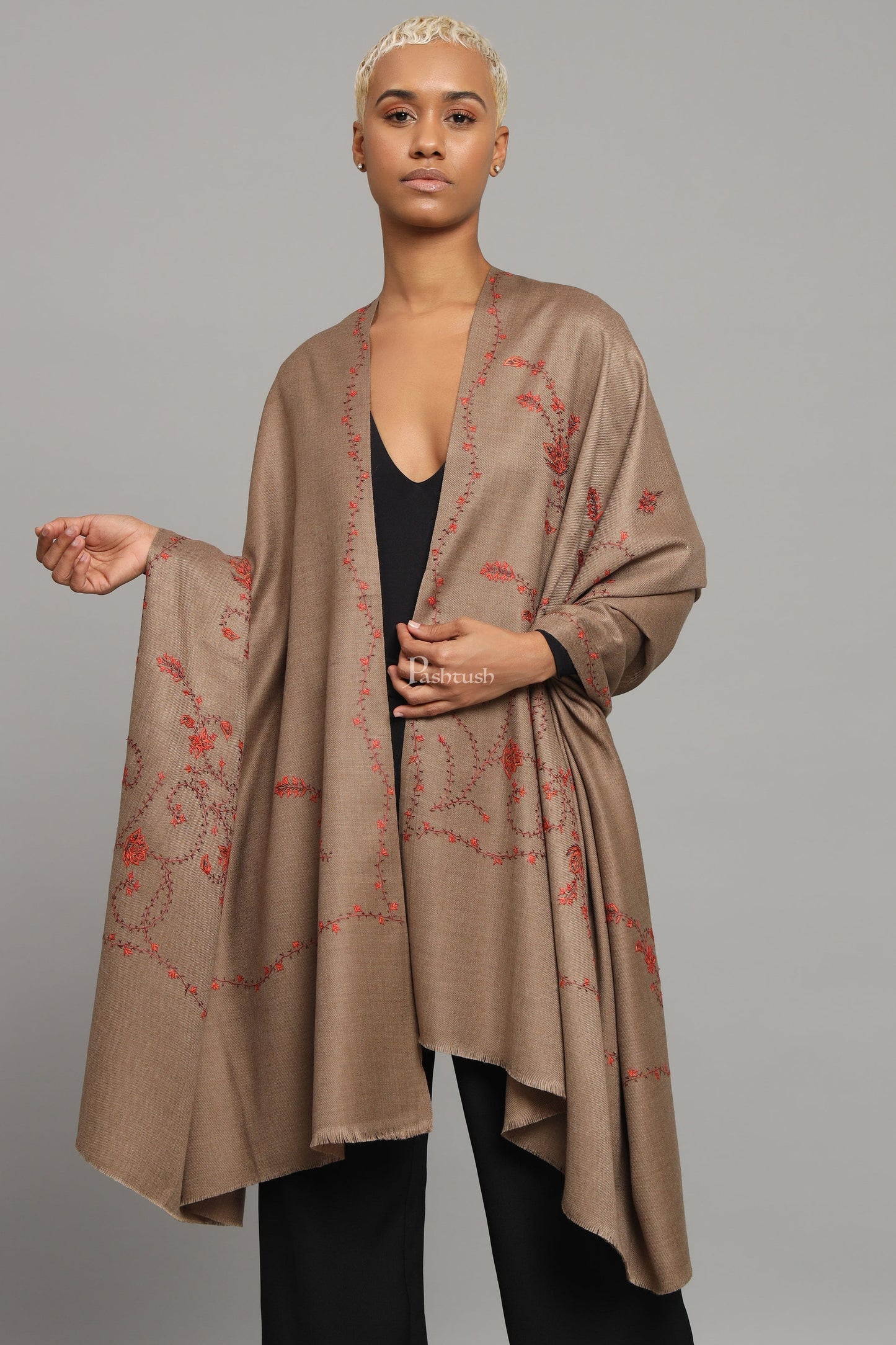 Pashtush India Womens Shawls Pashtush Womens Woollen Shawl, Thick And Warm, Kashmiri Hand Embroidery, Design, Taupe