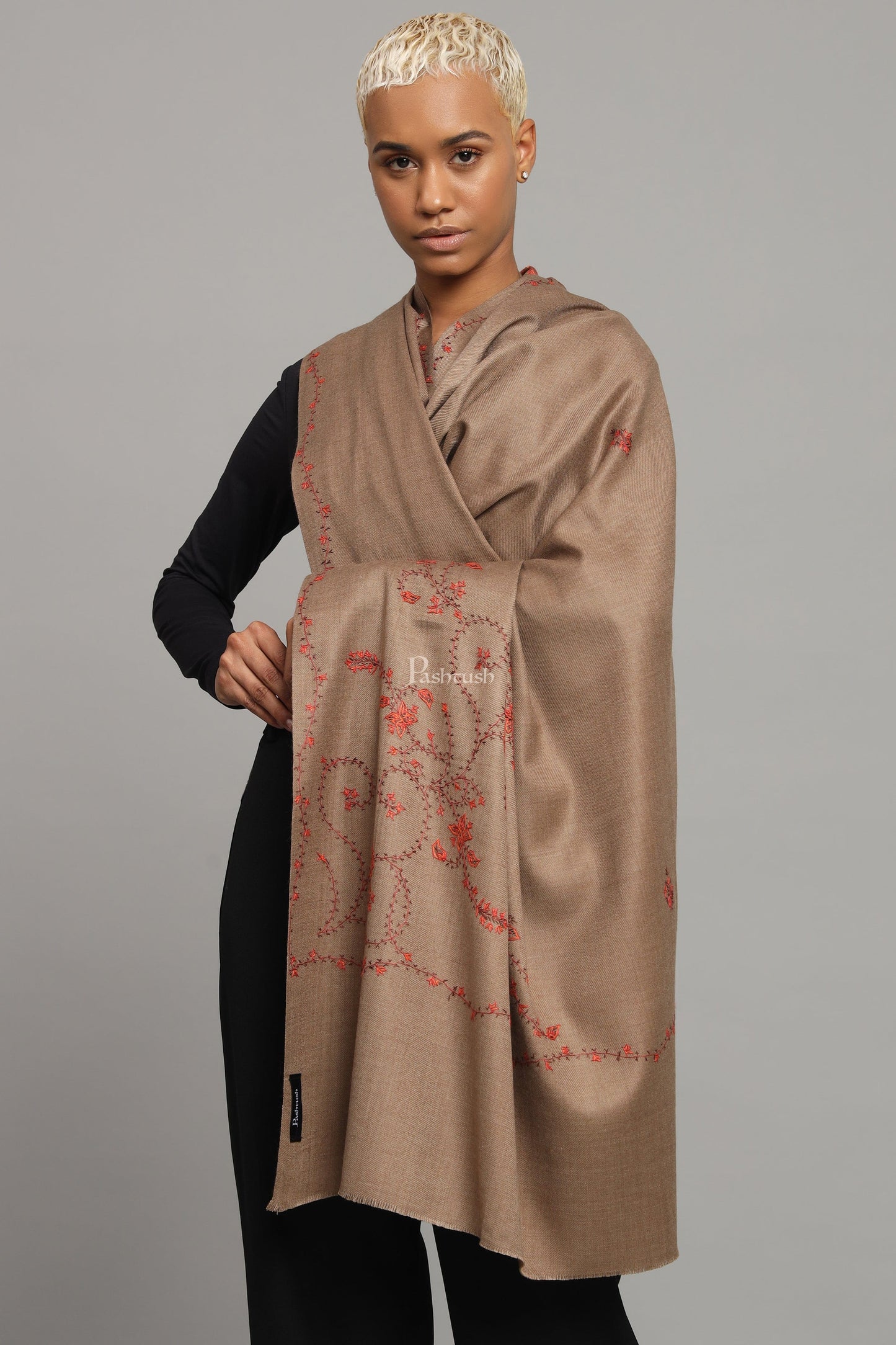 Pashtush India Womens Shawls Pashtush Womens Woollen Shawl, Thick And Warm, Kashmiri Hand Embroidery, Design, Taupe