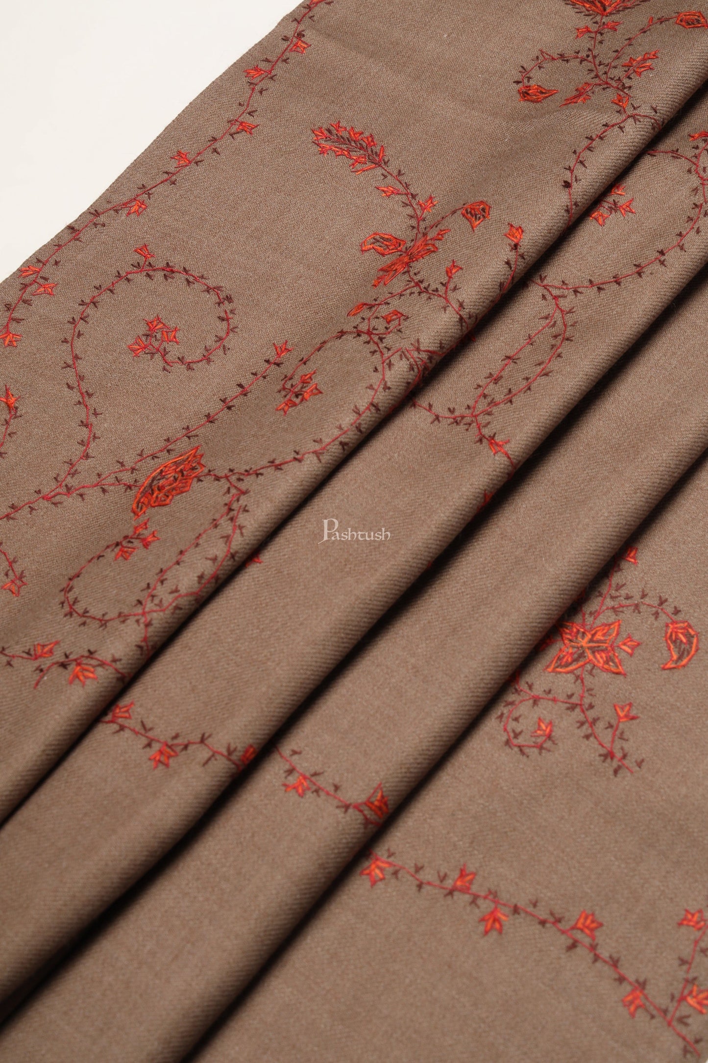 Pashtush India Womens Shawls Pashtush Womens Woollen Shawl, Thick And Warm, Kashmiri Hand Embroidery, Design, Taupe