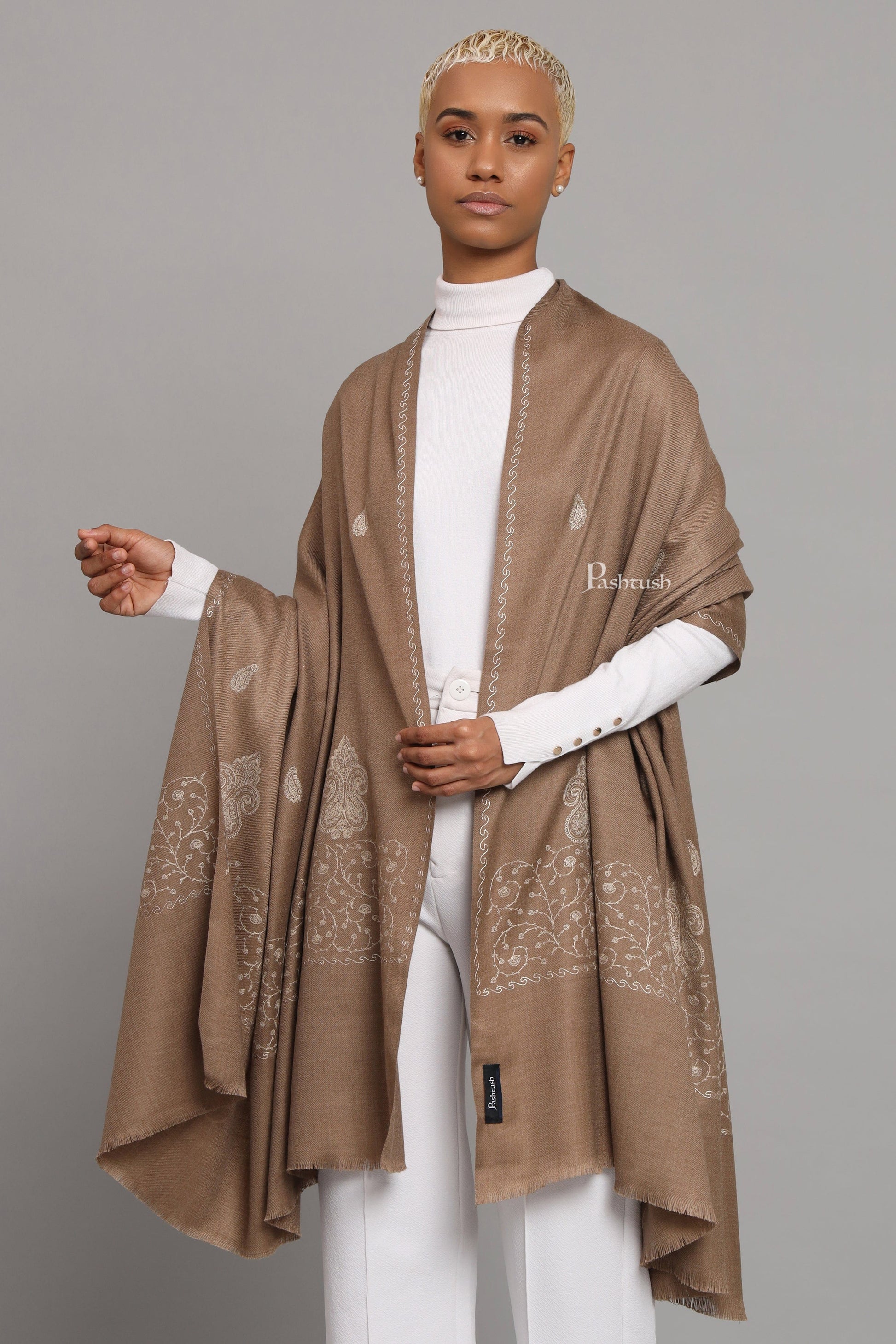 Pashtush India Womens Shawls Pashtush Womens Woollen Shawl, Thick And Warm, Tone And Tone Palla Embroidery  Design, Taupe