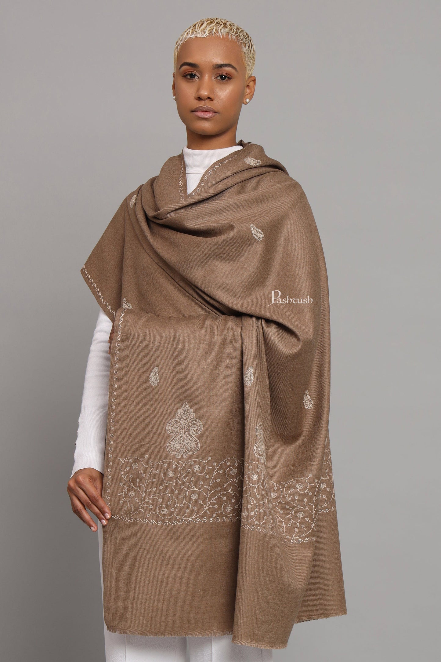 Pashtush India Womens Shawls Pashtush Womens Woollen Shawl, Thick And Warm, Tone And Tone Palla Embroidery Design, Taupe