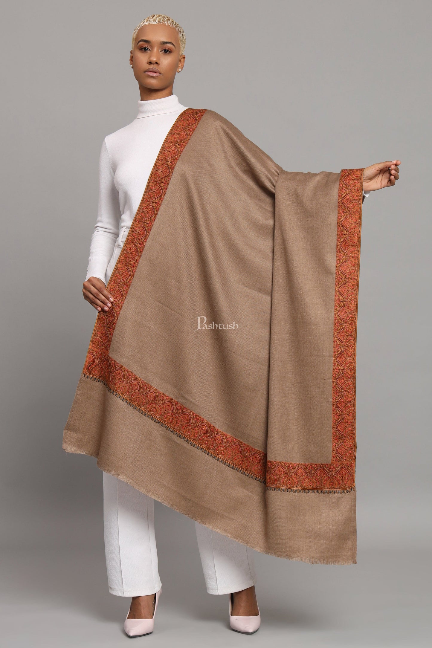 Pashtush India Womens Shawls Pashtush Womens Woollen Shawl, Thick Woollen, Kashmiri Embroidery Design, Taupe