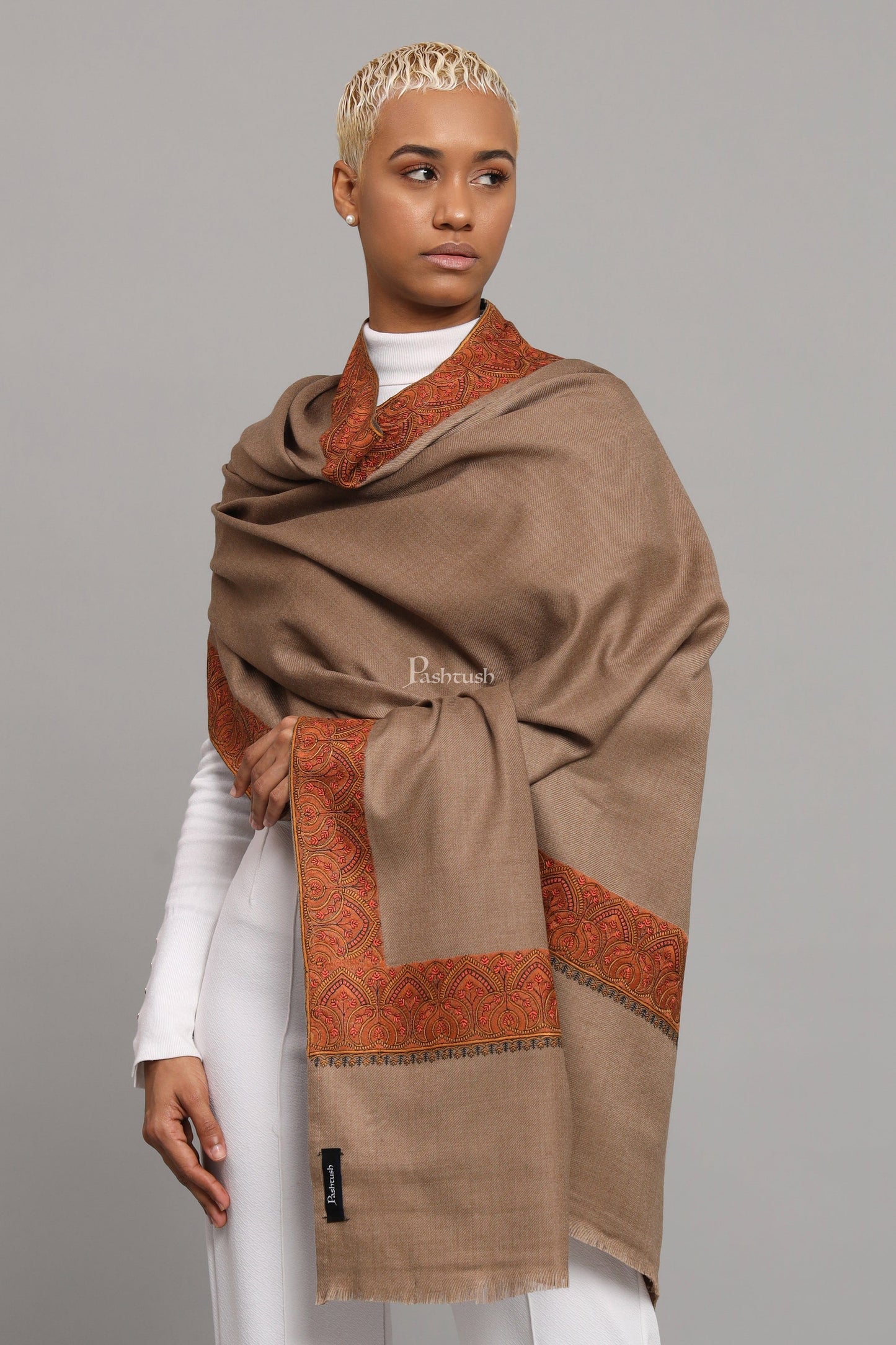 Pashtush India Womens Shawls Pashtush Womens Woollen Shawl, Thick Woollen, Kashmiri Embroidery Design, Taupe