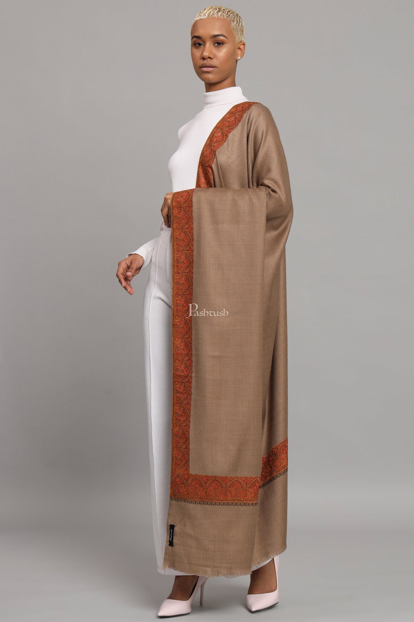 Pashtush India Womens Shawls Pashtush Womens Woollen Shawl, Thick Woollen, Kashmiri Embroidery Design, Taupe