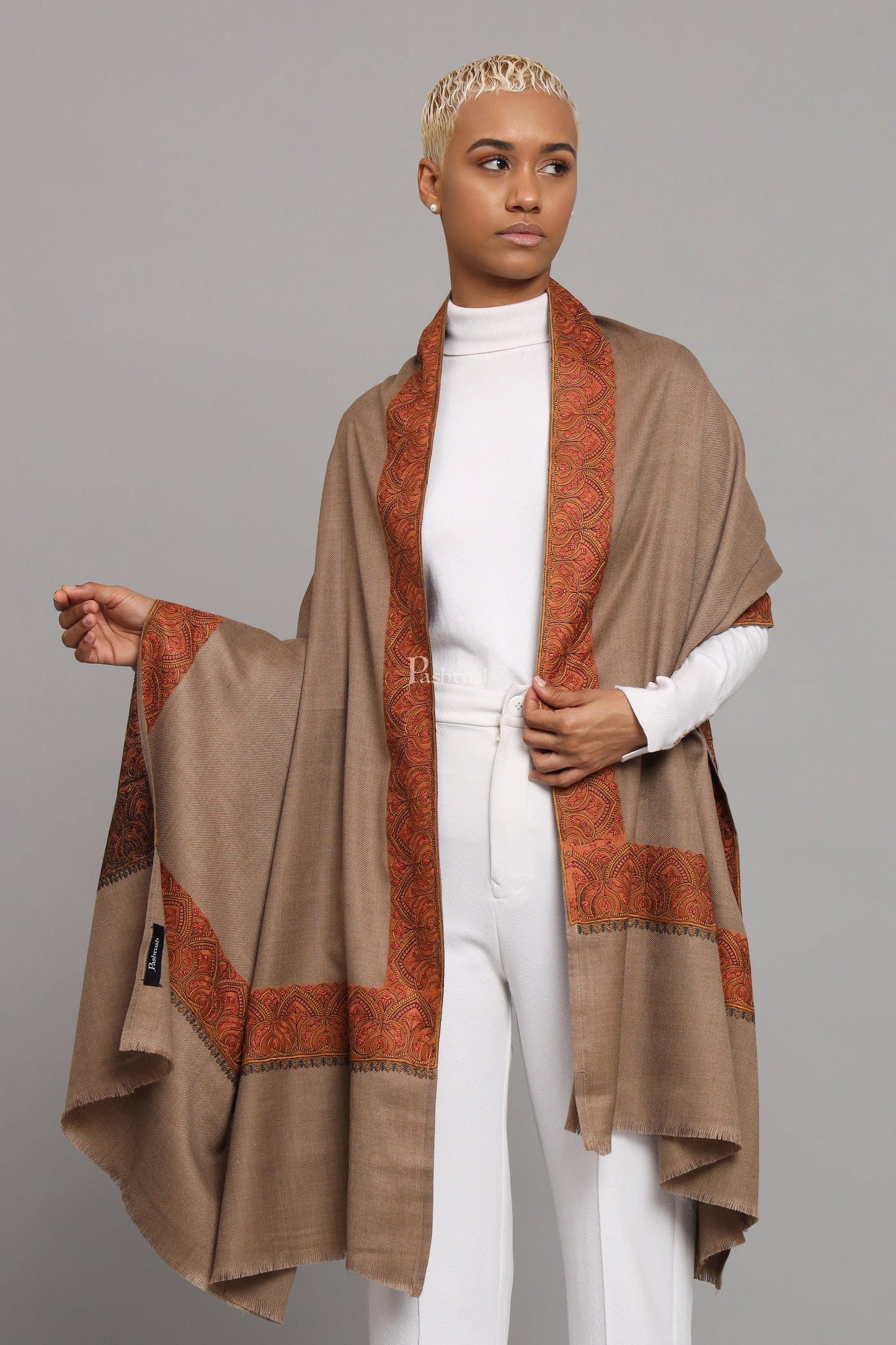 Pashtush India Womens Shawls Pashtush Womens Woollen Shawl, Thick Woollen, Kashmiri Embroidery Design, Taupe