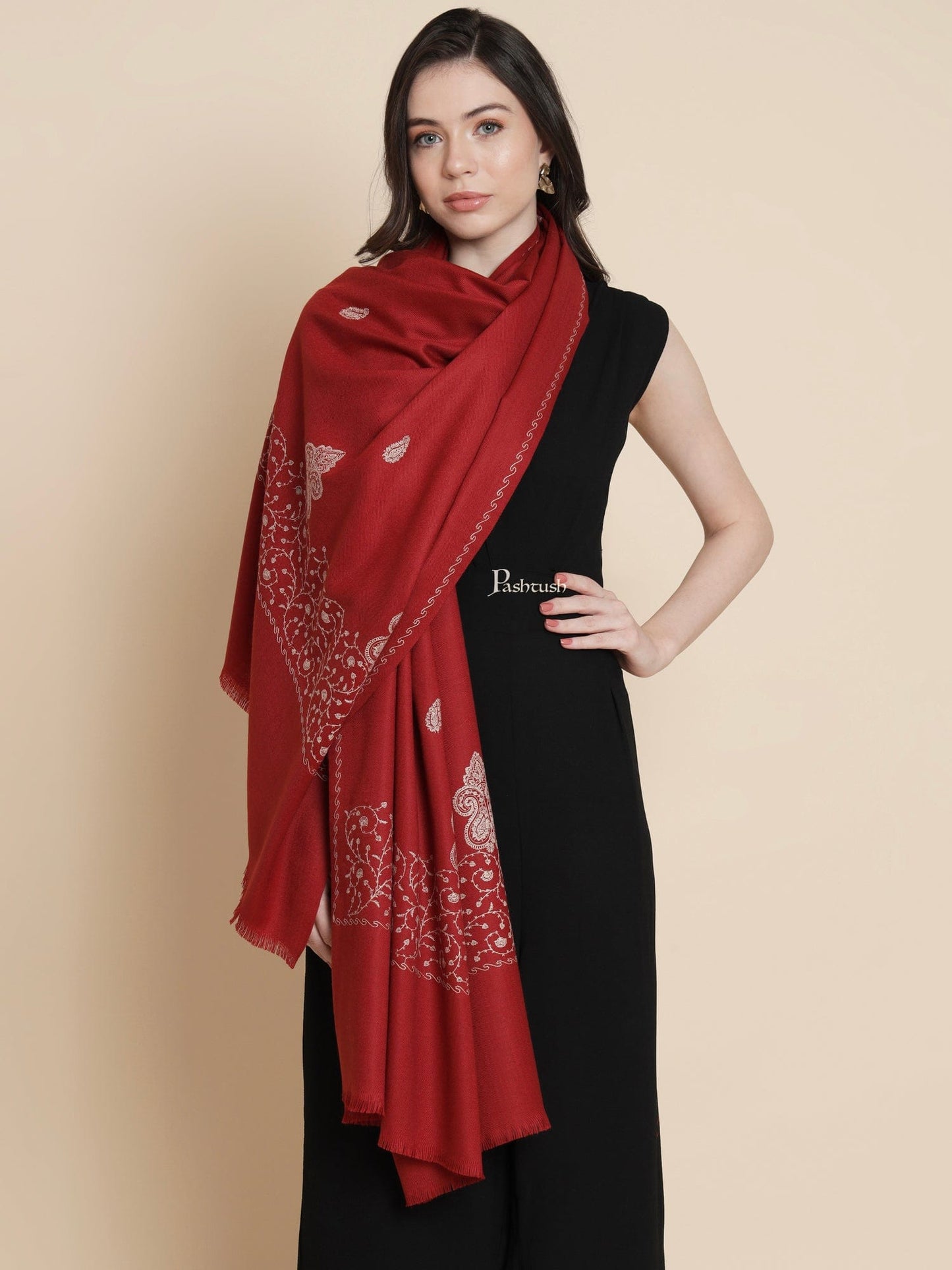 Pashtush India Womens Shawls Pashtush Womens Woollen Shawl, Tone And Tone Palla Embroidery Paisley Design, Maroon