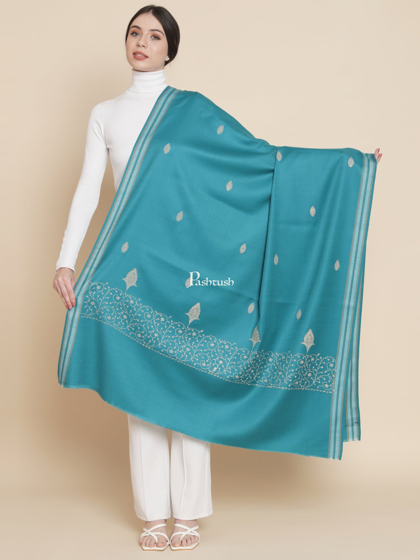 Pashtush India Womens Shawls Pashtush Womens Woollen Shawl, Tone And Tone Palla Embroidery, Serne Blue