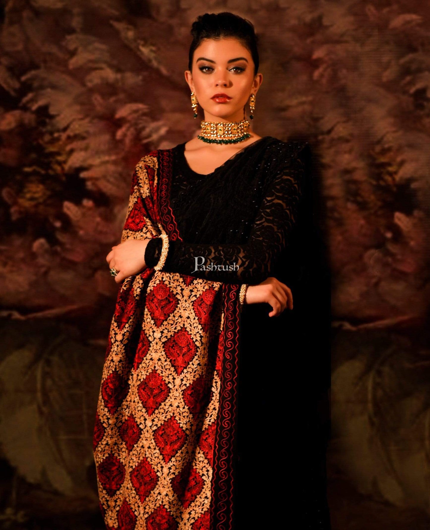 Pashtush Store Stole Pashtush Womens Fine Wool, Silky Nalki Embroidery Needlework Stole, Black