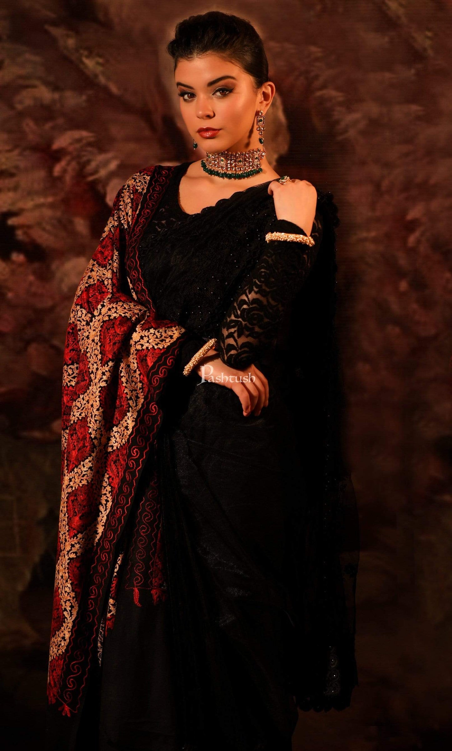 Pashtush Store Stole Pashtush Womens Fine Wool, Silky Nalki Embroidery Needlework Stole, Black
