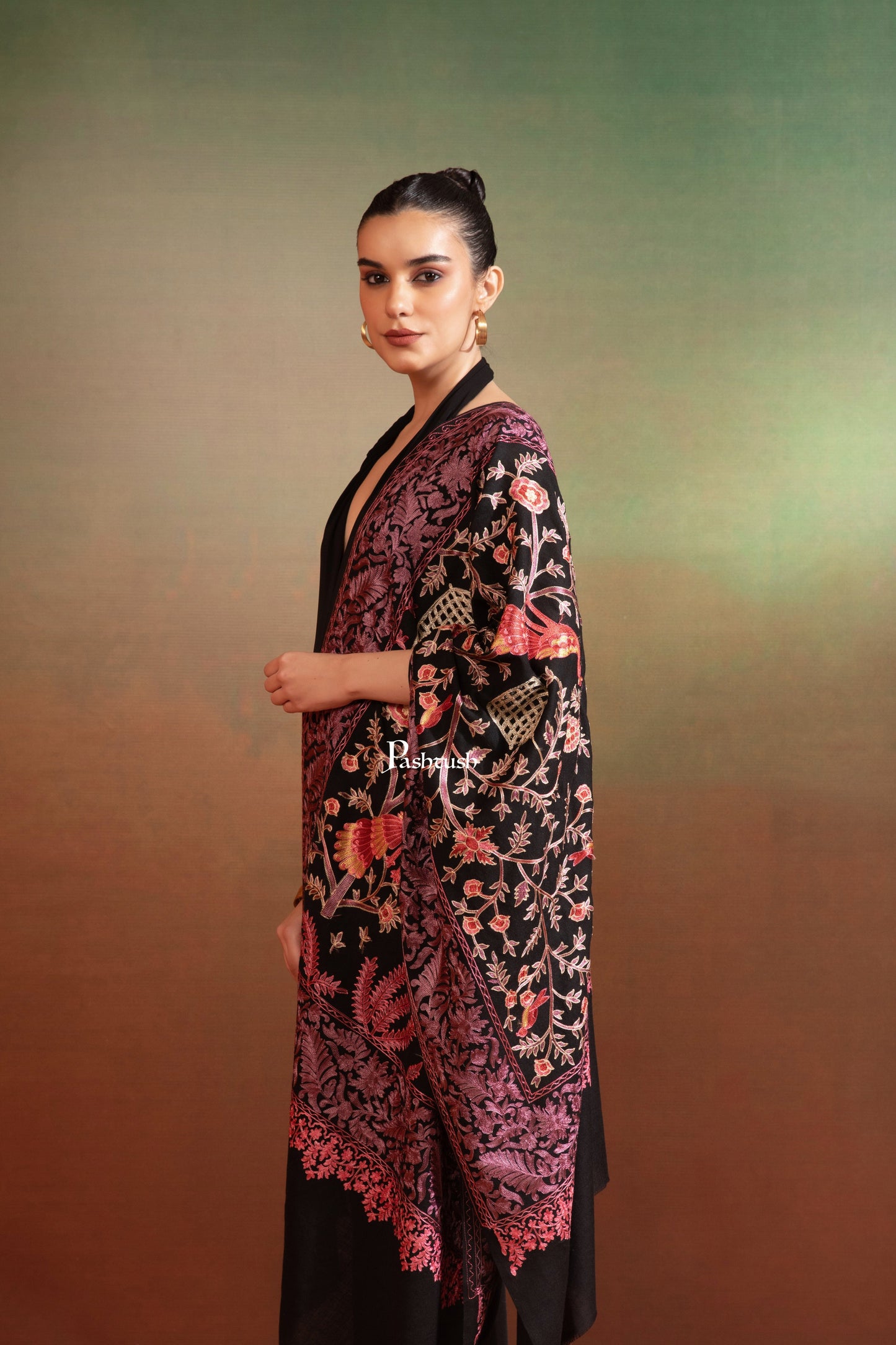 Pashtush India Womens Stole Pashtush Womens Woollen Stole, Gardens Of Paradise, Embroidery Design, Black