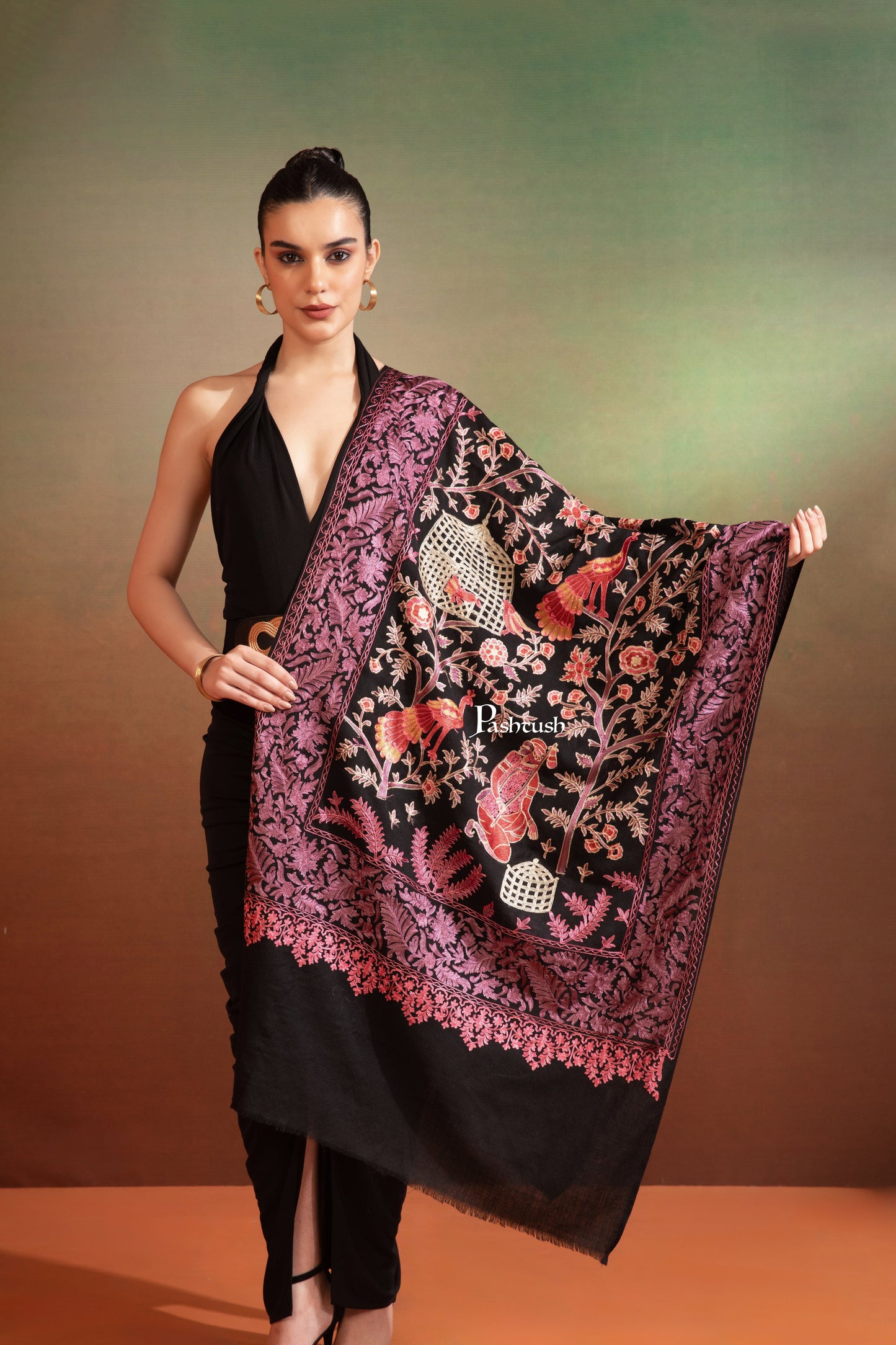 Pashtush India Womens Stole Pashtush Womens Woollen Stole, Gardens Of Paradise, Embroidery Design, Black