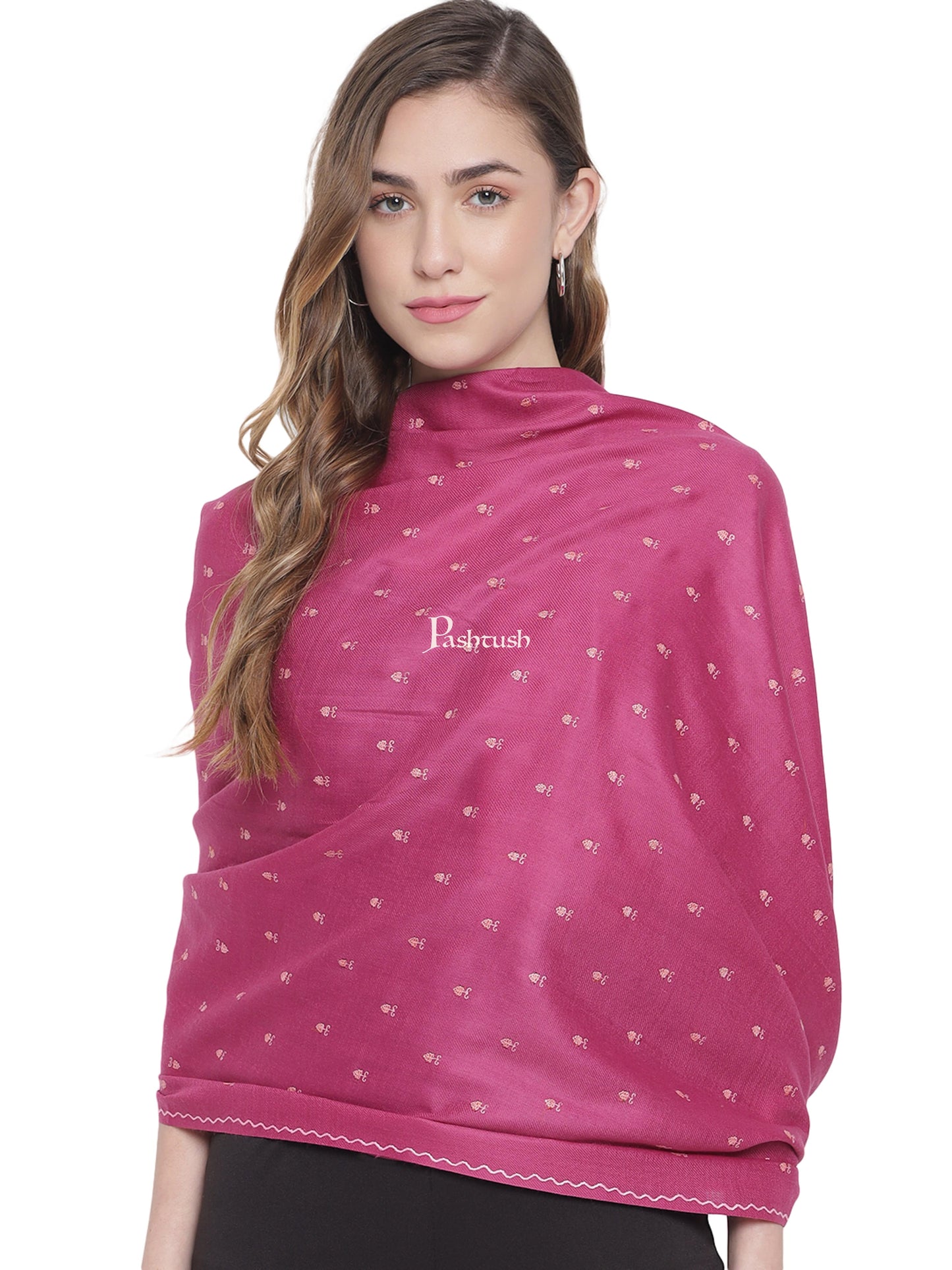Pashtush India Womens Stoles and Scarves Scarf Pashtush Womens Woollen Stole, Kashmiri Booti Embroidery Needlework Stole, Pink