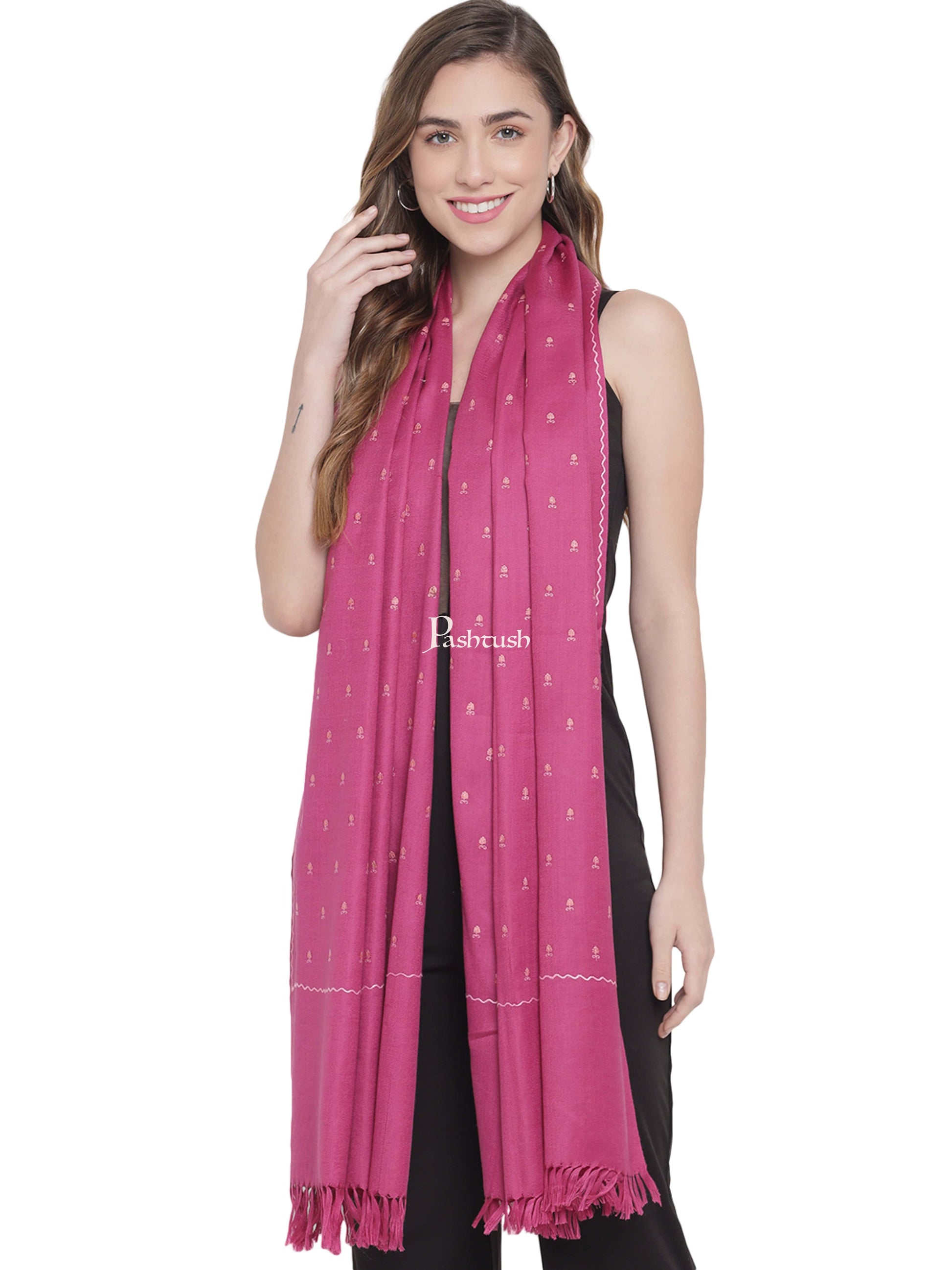 Pashtush India Womens Stoles and Scarves Scarf Pashtush Womens Woollen Stole, Kashmiri Booti Embroidery Needlework Stole, Pink