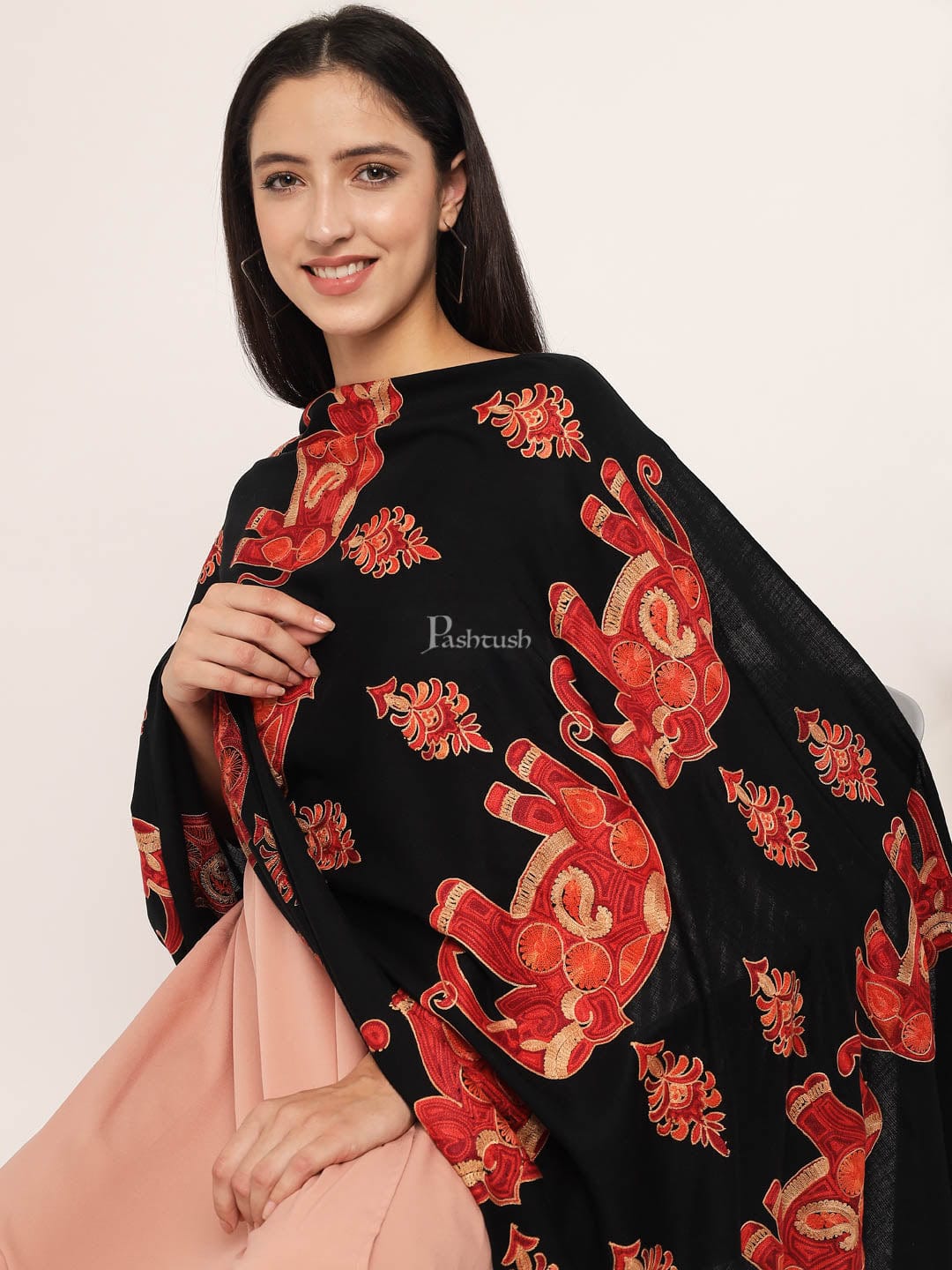 Pashtush India Womens Stoles and Scarves Scarf Pashtush womens Woollen stole, nalki embroidery design, Black