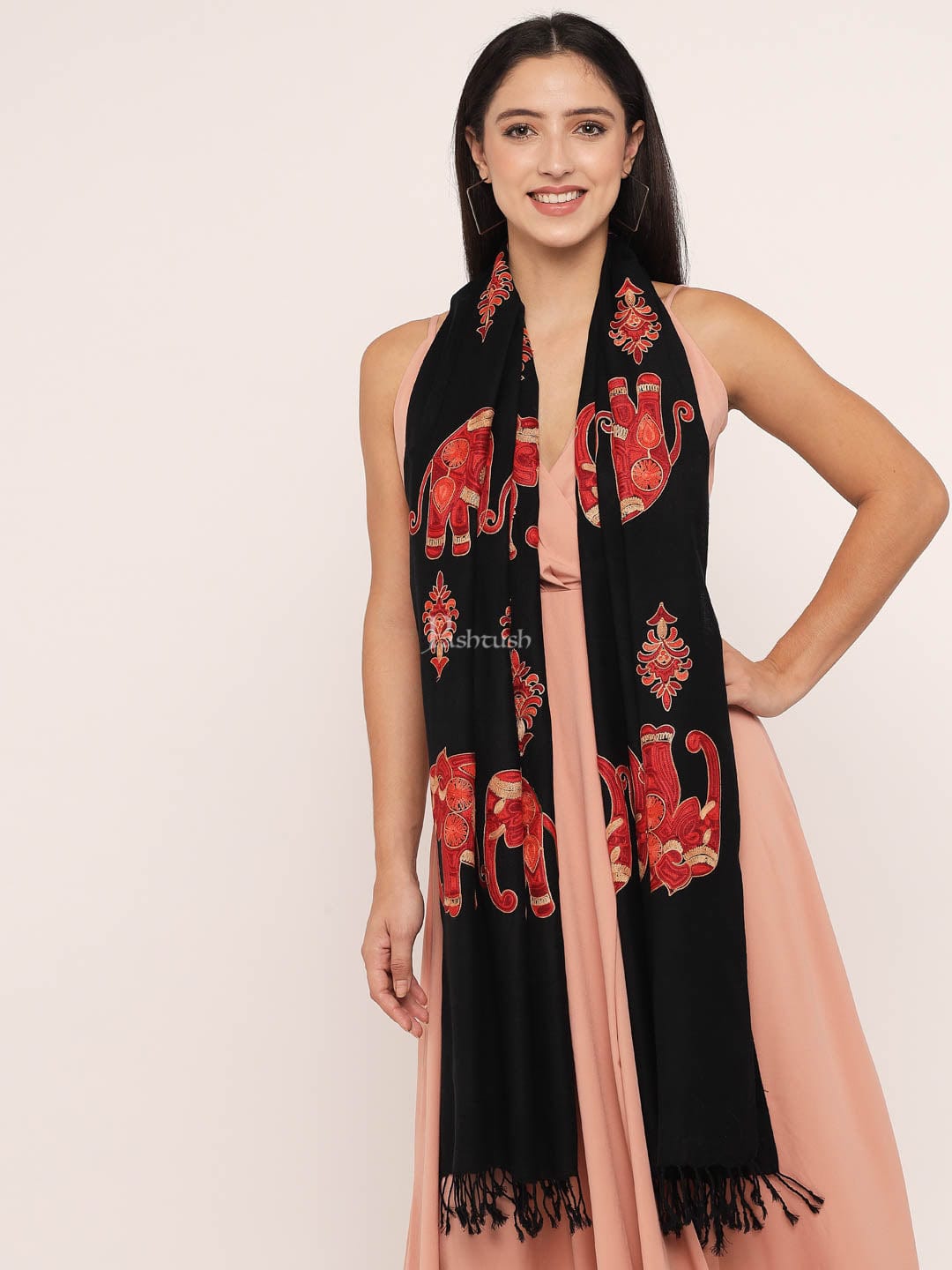 Pashtush India Womens Stoles and Scarves Scarf Pashtush womens Woollen stole, nalki embroidery design, Black