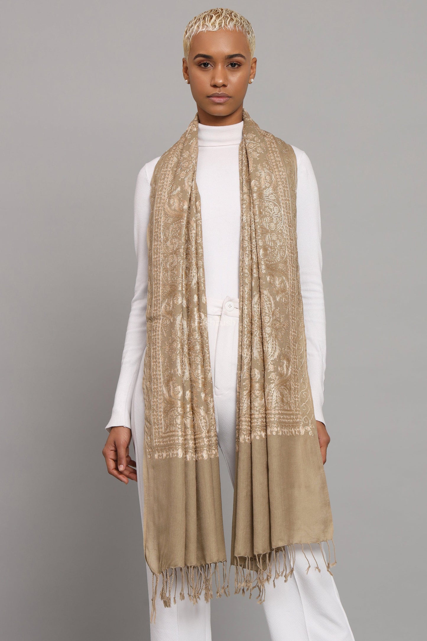 Pashtush India Womens Stoles Pashtush Womens Woollen Stole, Nalki Embroidery Tone On Tone Design, Taupe