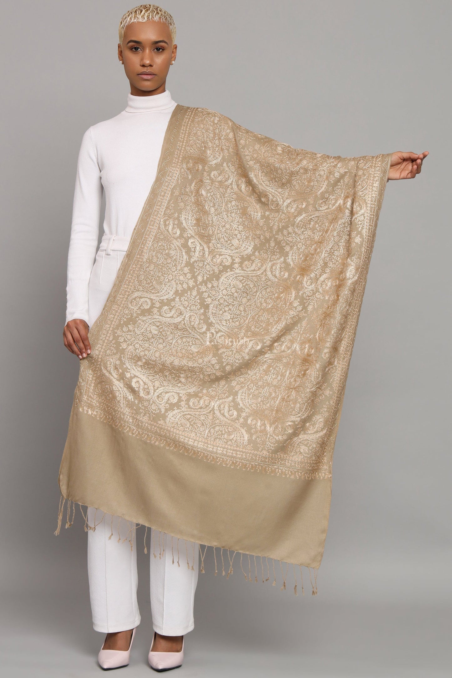 Pashtush India Womens Stoles Pashtush Womens Woollen Stole, Nalki Embroidery Tone On Tone Design, Taupe