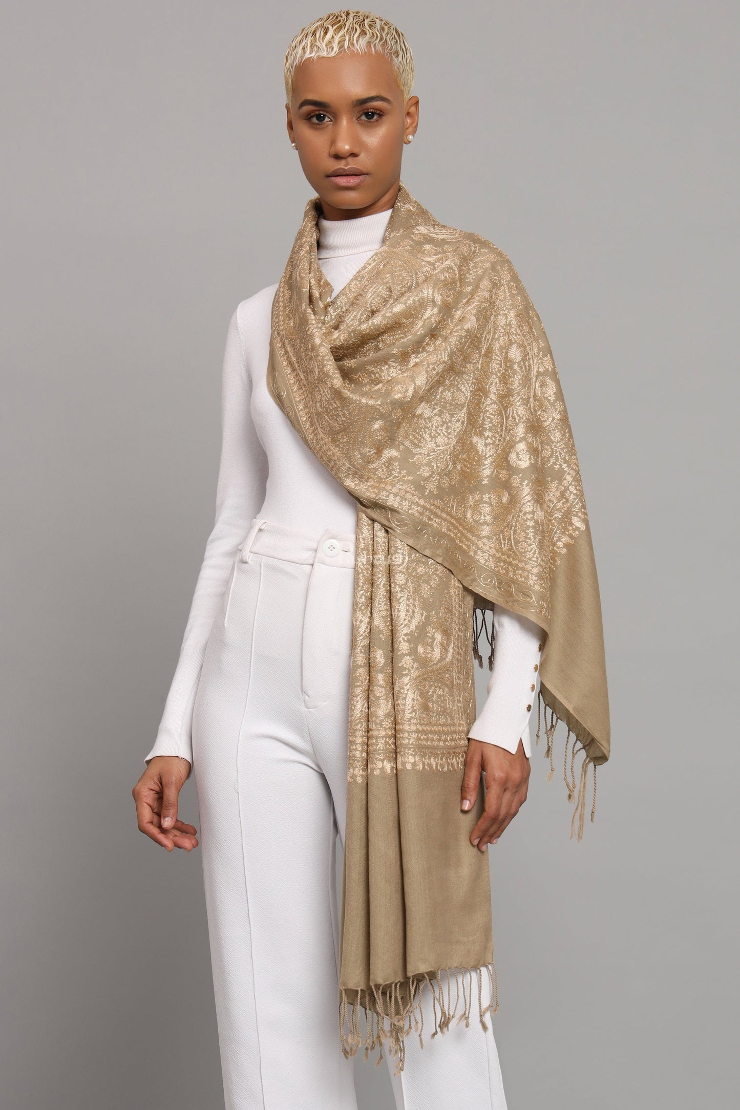 Pashtush India Womens Stoles Pashtush Womens Woollen Stole, Nalki Embroidery Tone On Tone Design, Taupe