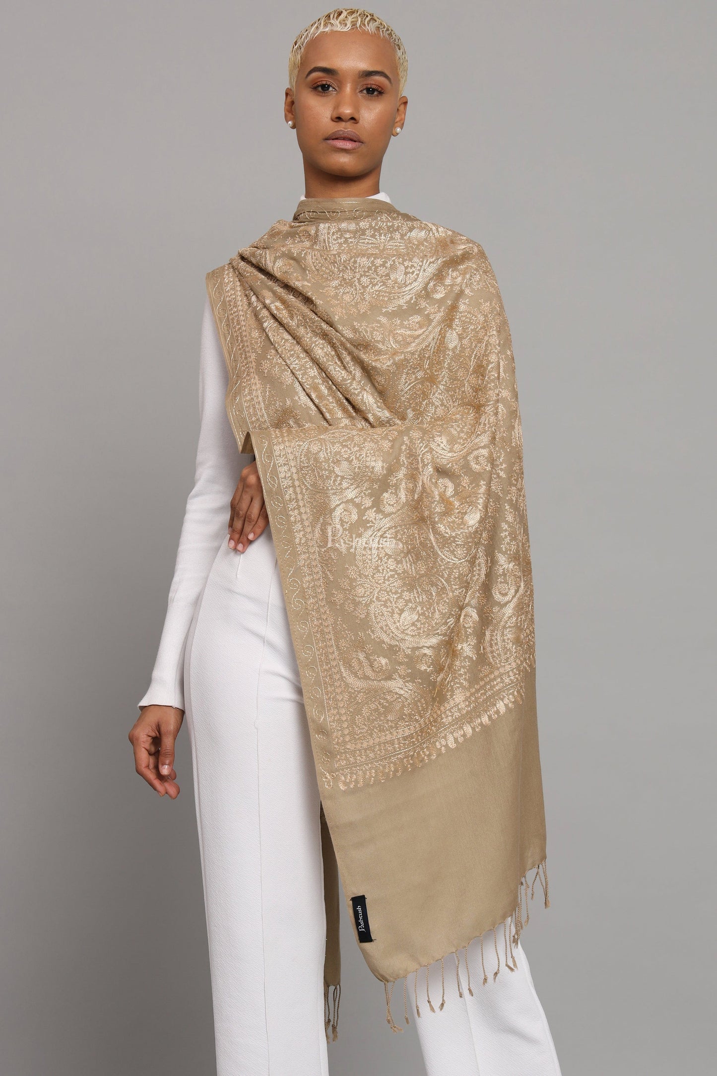 Pashtush India Womens Stoles Pashtush Womens Woollen Stole, Nalki Embroidery Tone On Tone Design, Taupe