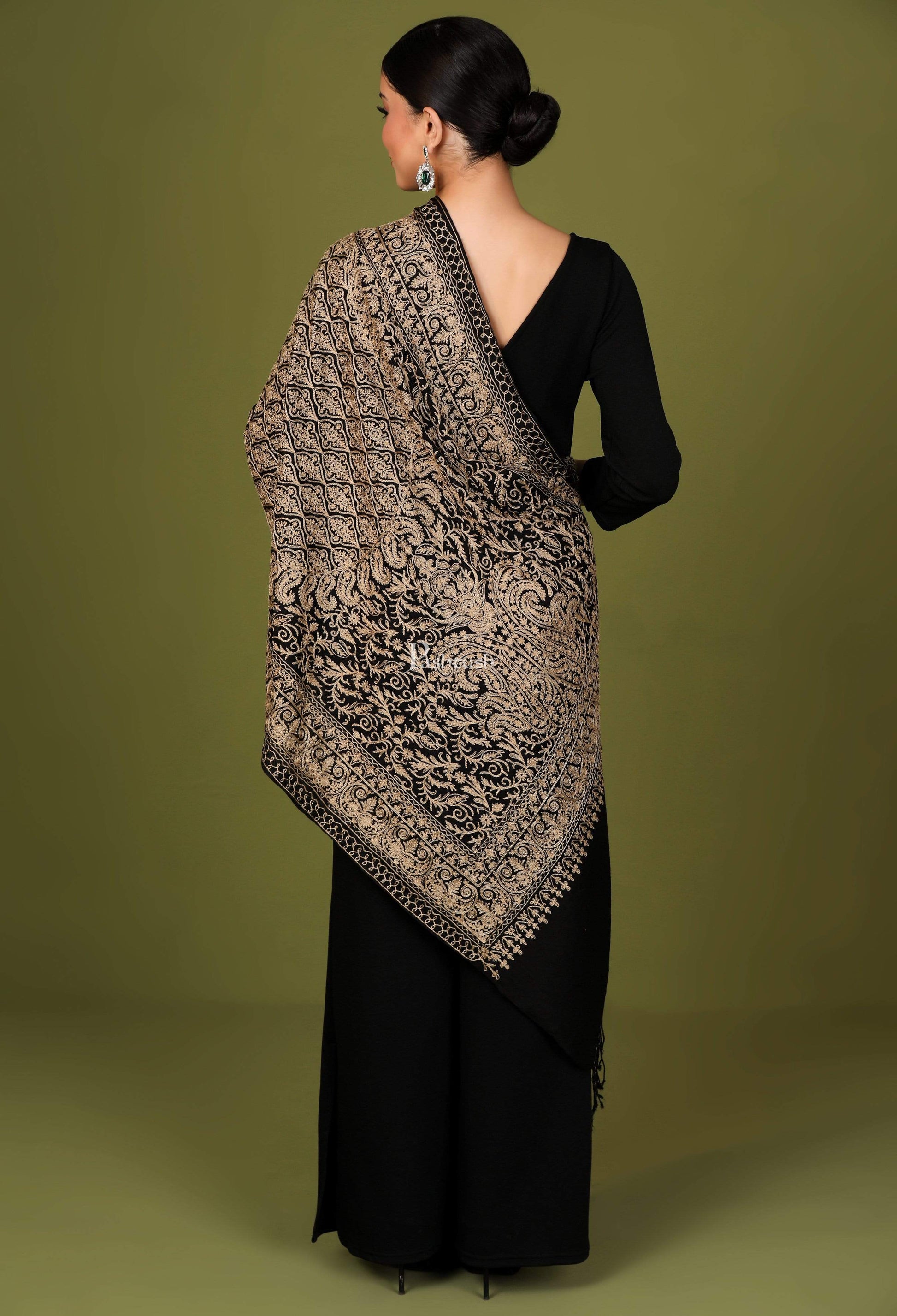 Pashtush Store Stole Pashtush Womens Woollen Stole, Silky Nalki Embroidery Needlework Stole, Black