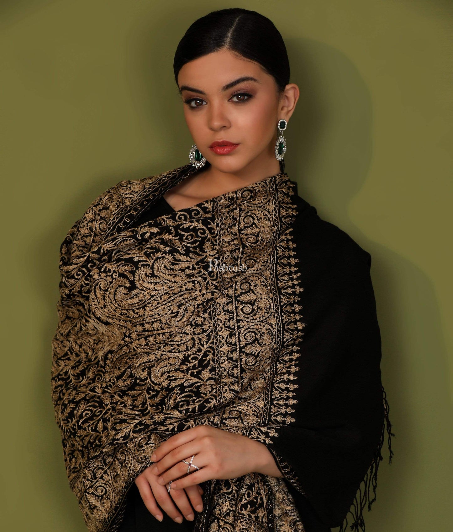 Pashtush Store Stole Pashtush Womens Woollen Stole, Silky Nalki Embroidery Needlework Stole, Black