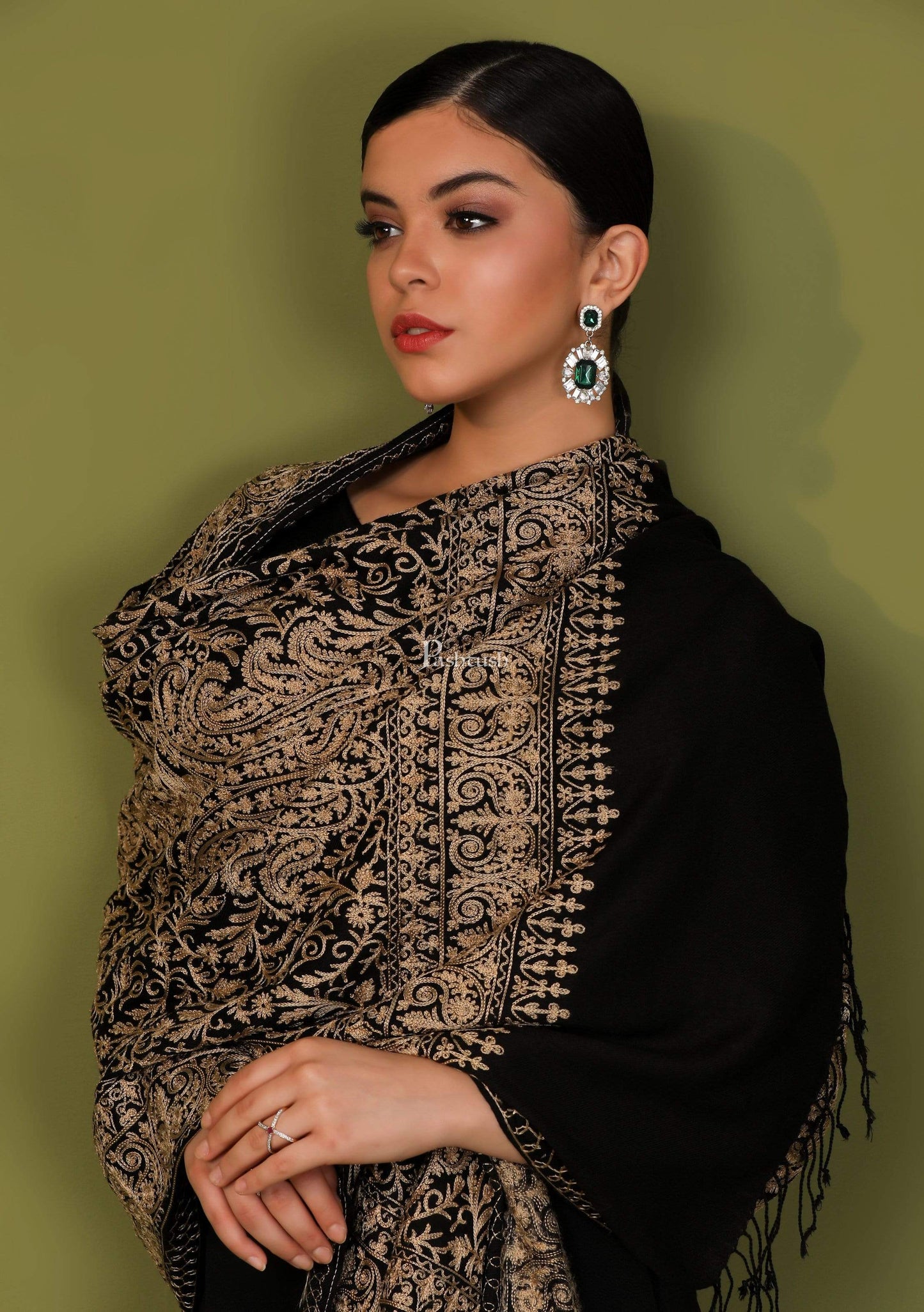 Pashtush Store Stole Pashtush Womens Woollen Stole, Silky Nalki Embroidery Needlework Stole, Black
