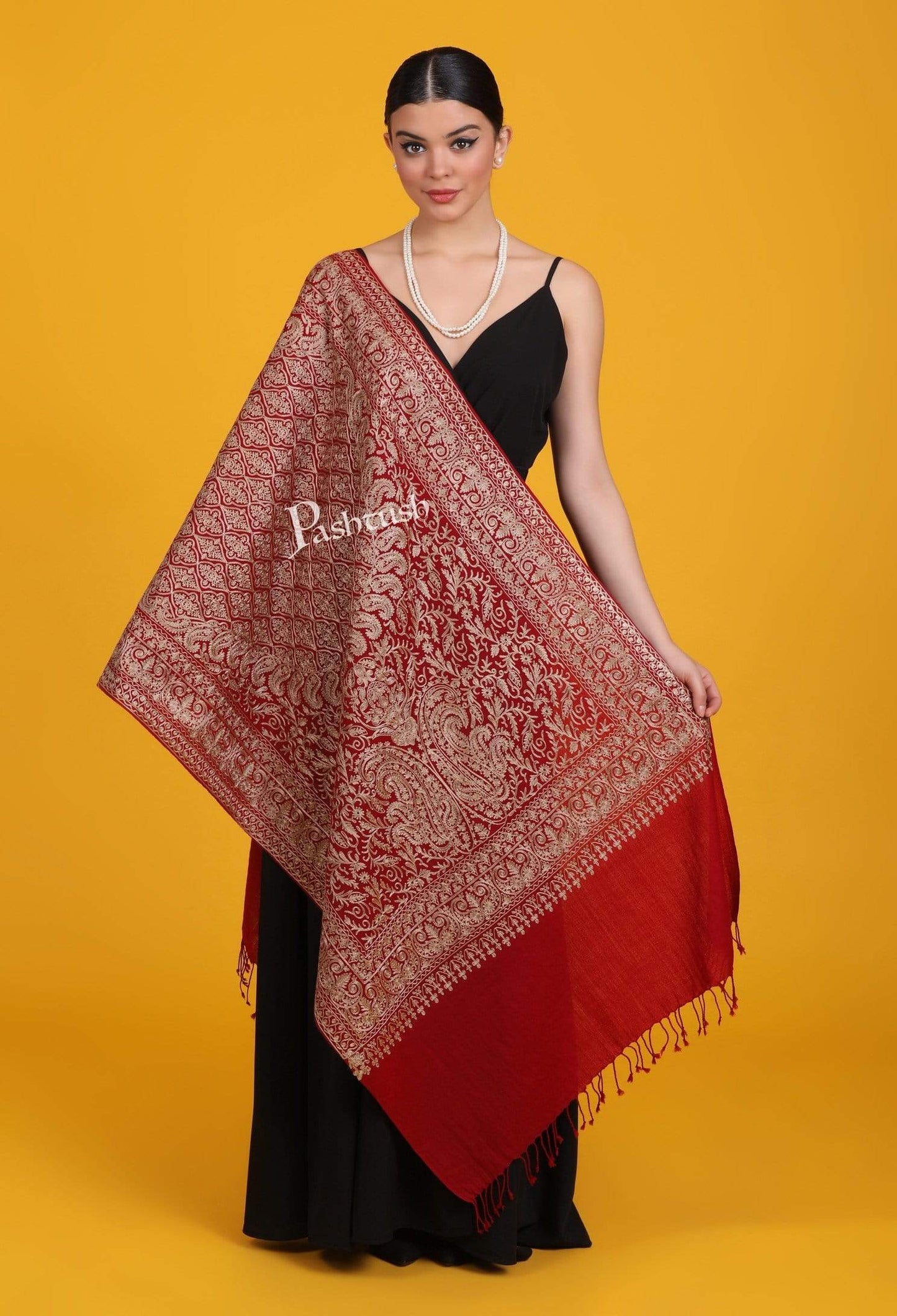 Pashtush Store Stole Pashtush Womens Woollen Stole, Silky Nalki Embroidery Needlework Stole, Maroon