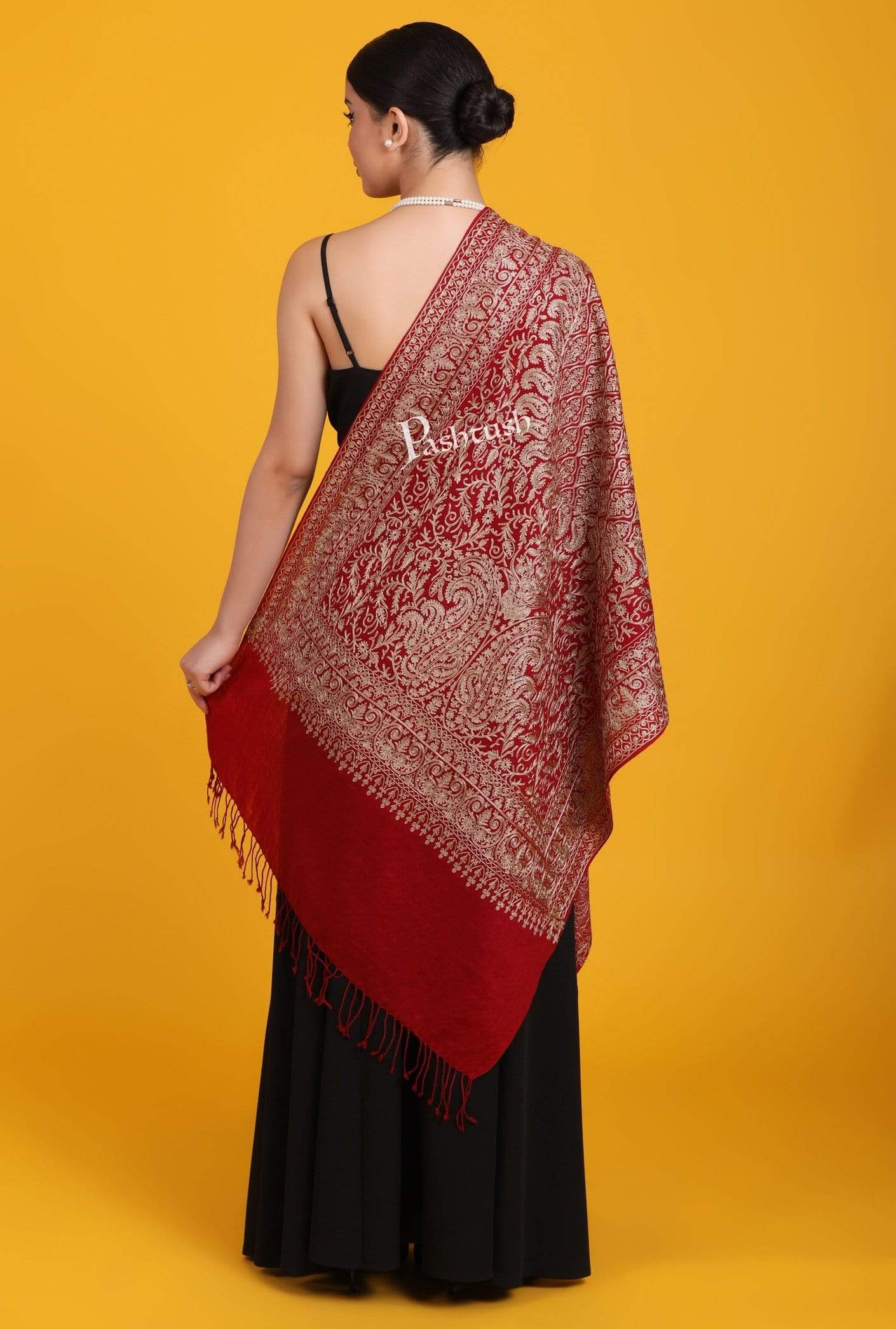 Pashtush India 70x200 Pashtush Womens Woollen Stole, Silky Nalki Embroidery Needlework Stole, Maroon