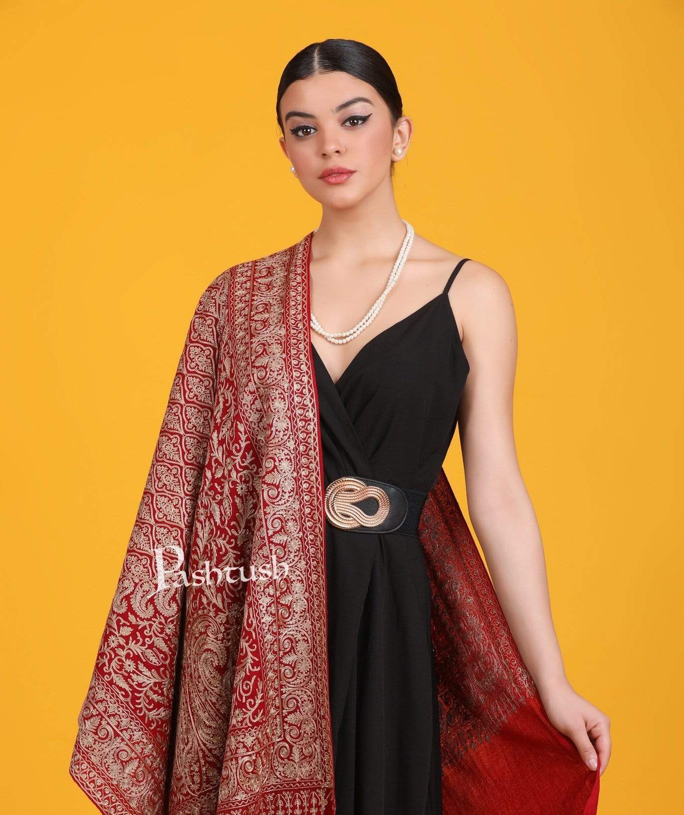 Pashtush India 70x200 Pashtush Womens Woollen Stole, Silky Nalki Embroidery Needlework Stole, Maroon
