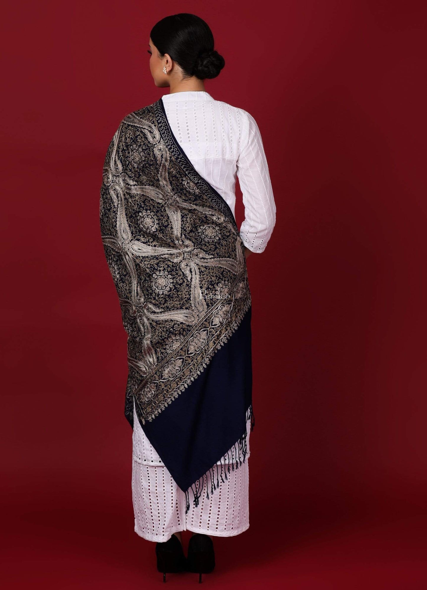Pashtush Store Stole Pashtush Womens Woollen Stole, Silky Nalki Embroidery Needlework Stole, Midnight