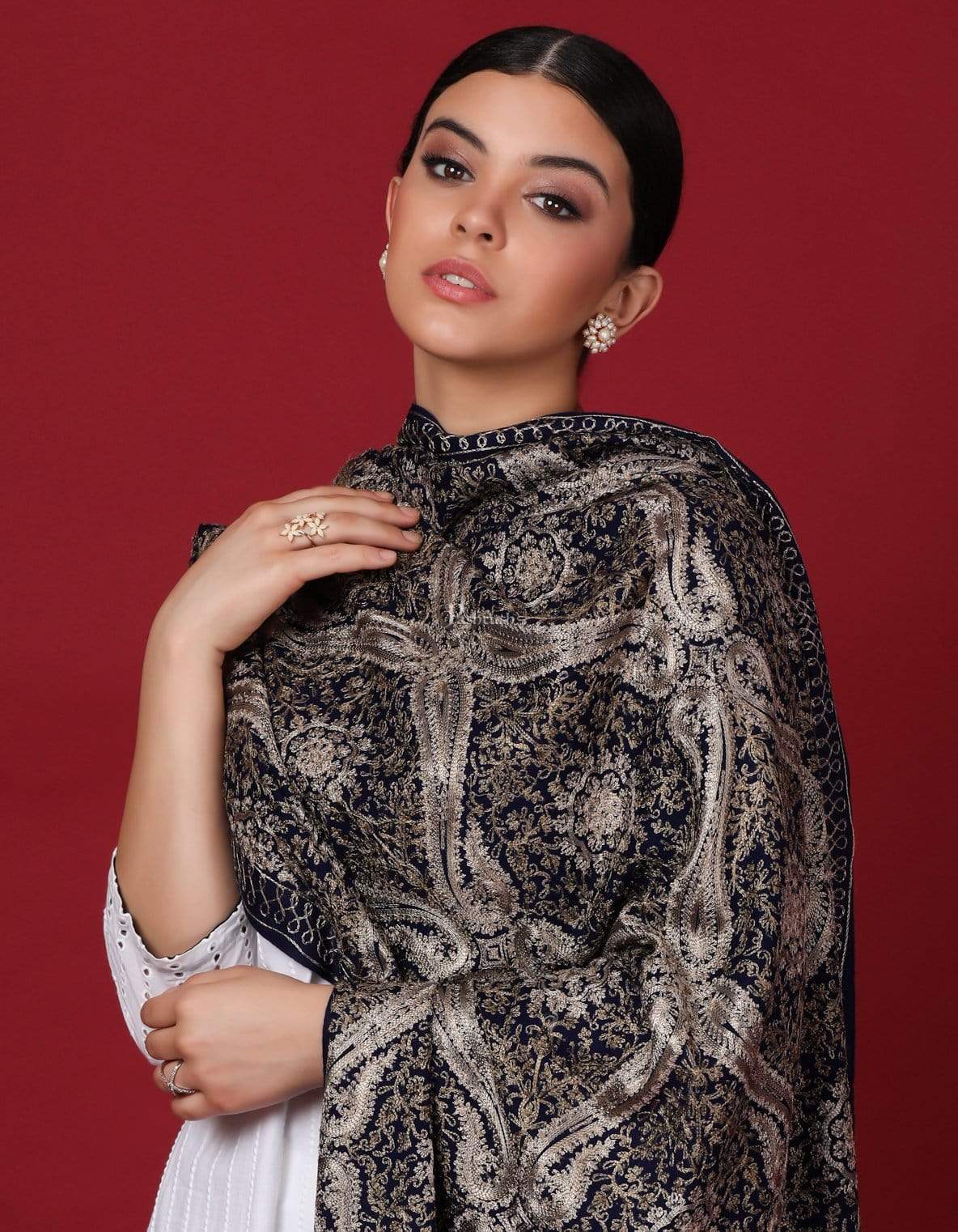 Pashtush Store Stole Pashtush Womens Woollen Stole, Silky Nalki Embroidery Needlework Stole, Midnight
