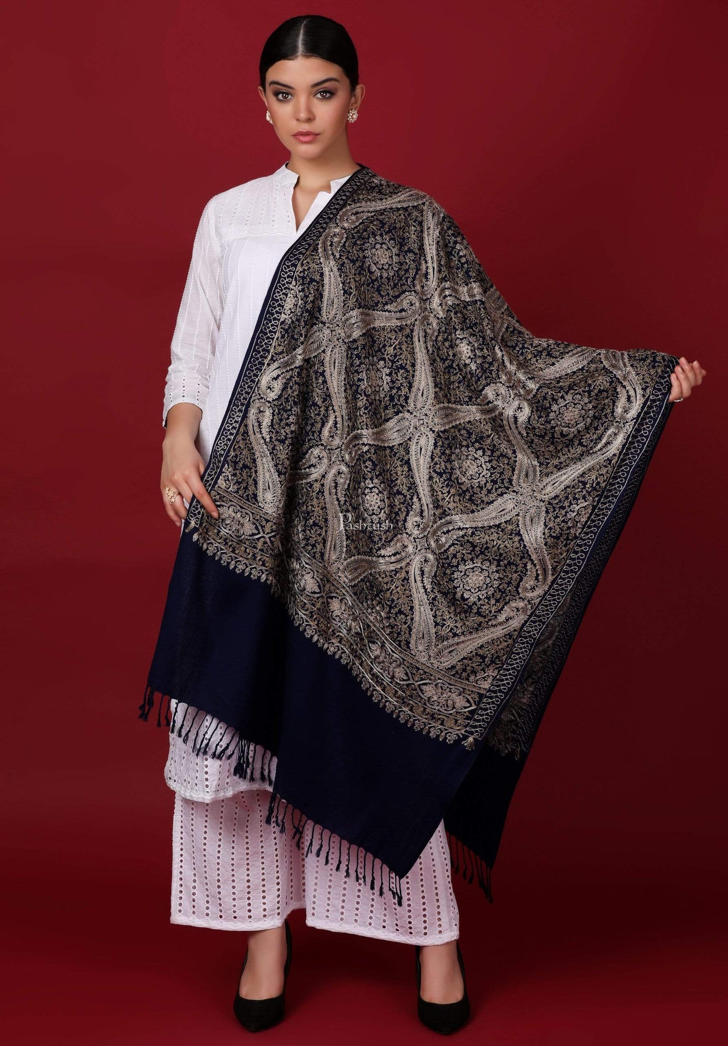 Pashtush Store Stole Pashtush Womens Woollen Stole, Silky Nalki Embroidery Needlework Stole, Midnight