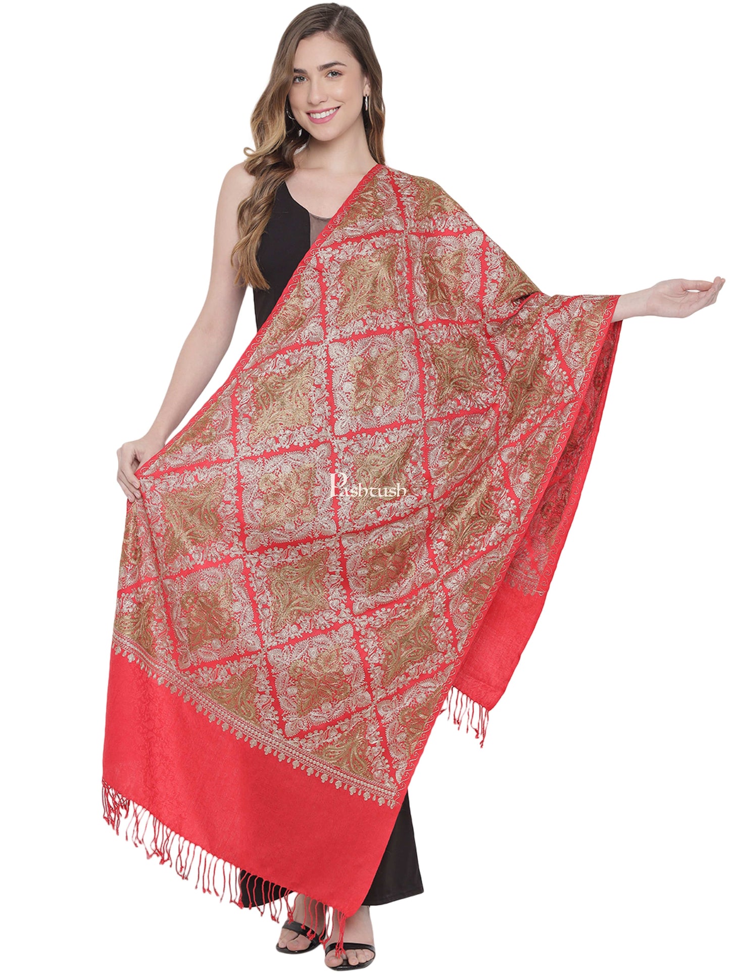 Pashtush India Womens Stoles and Scarves Scarf Pashtush Womens Woollen Stole, Silky Nalki Embroidery Needlework Stole, Pink