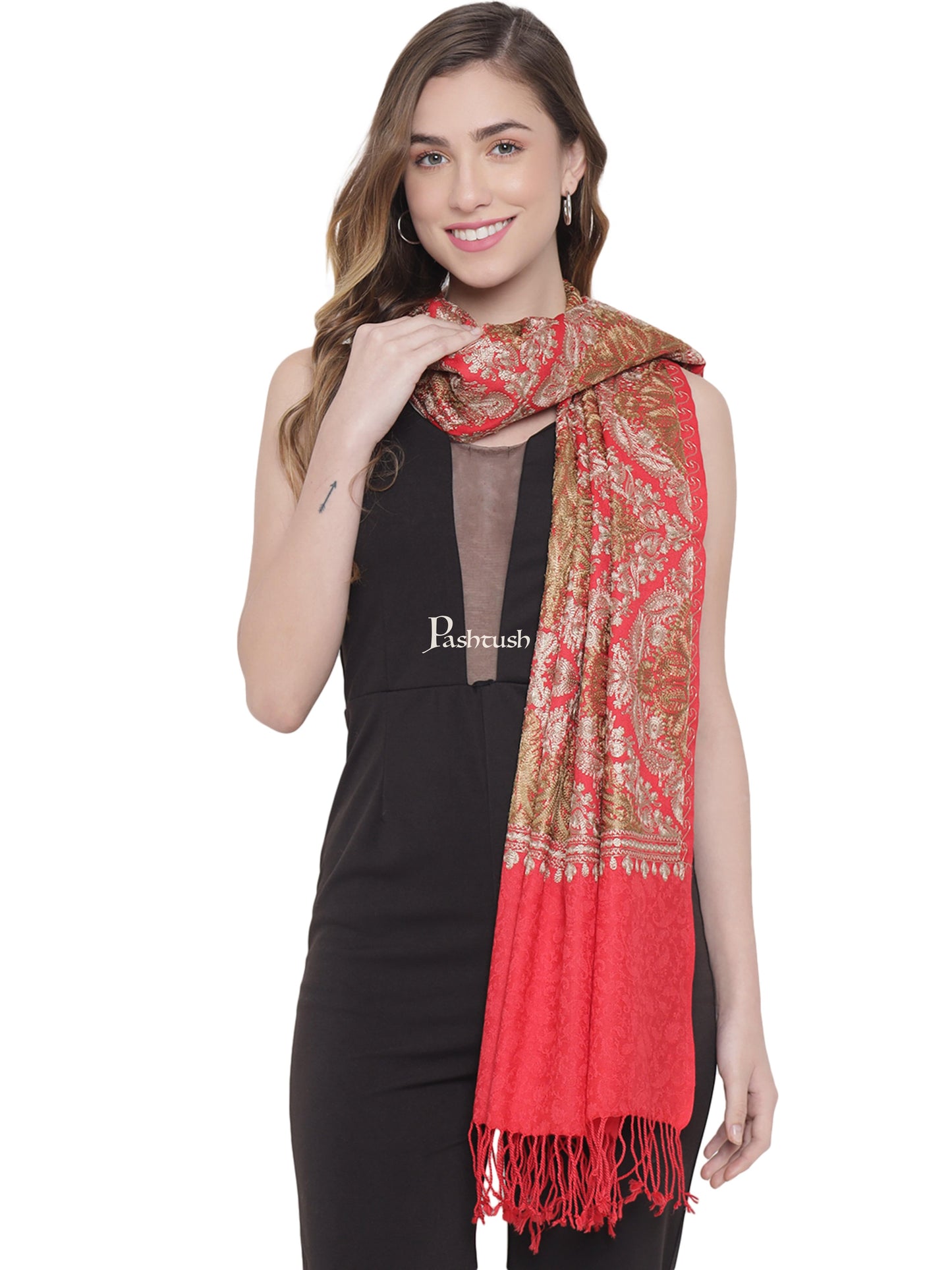 Pashtush India Womens Stoles and Scarves Scarf Pashtush Womens Woollen Stole, Silky Nalki Embroidery Needlework Stole, Pink