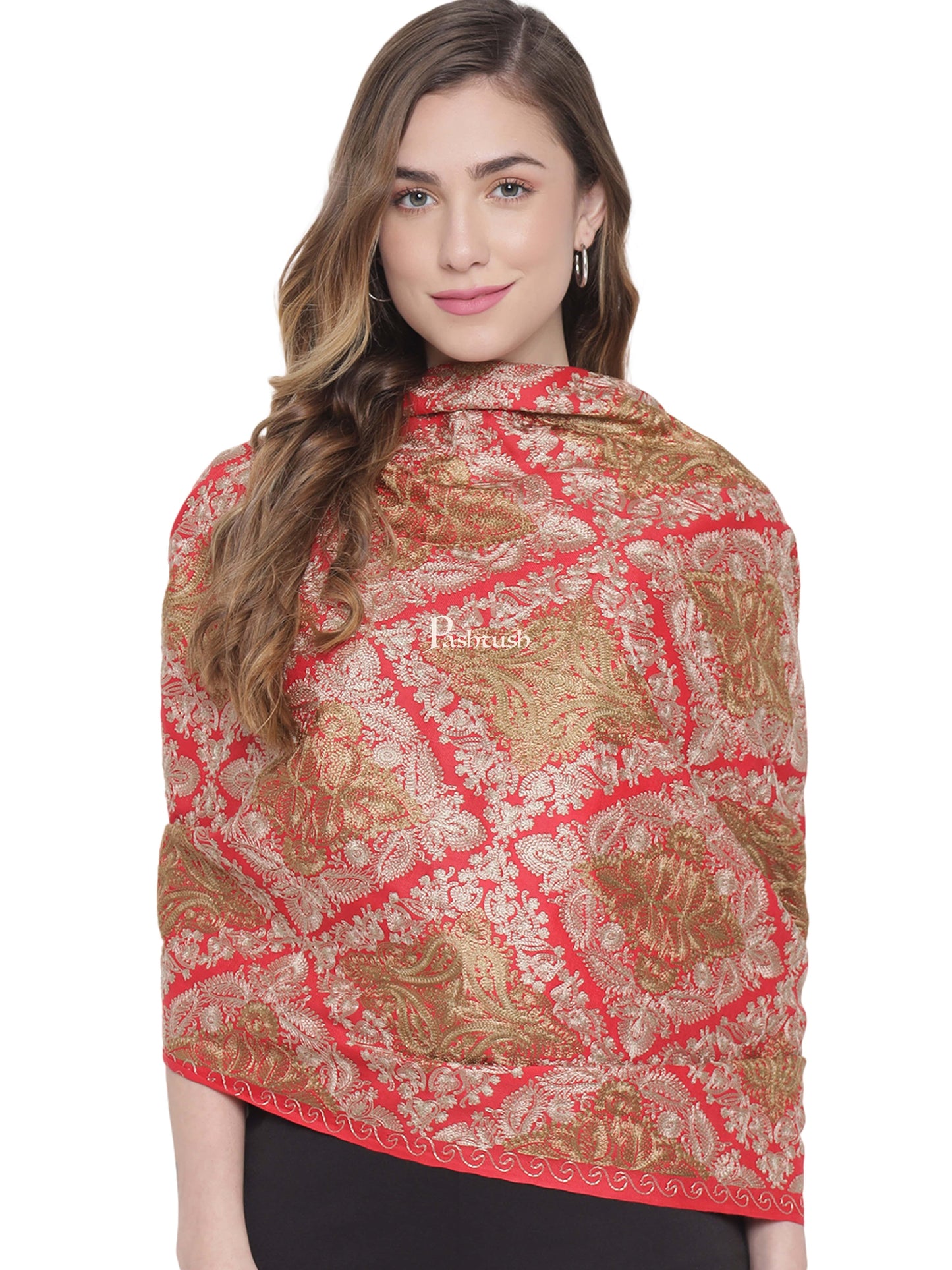 Pashtush India Womens Stoles and Scarves Scarf Pashtush Womens Woollen Stole, Silky Nalki Embroidery Needlework Stole, Pink