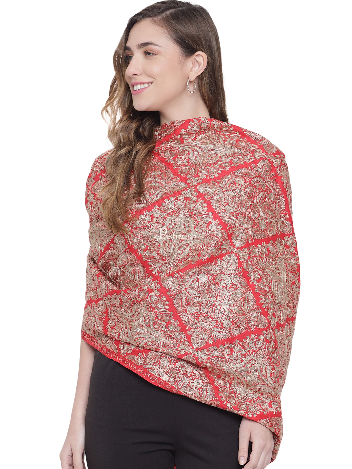 Pashtush India Womens Stoles and Scarves Scarf Pashtush Womens Woollen Stole, Silky Nalki Embroidery Needlework Stole, red