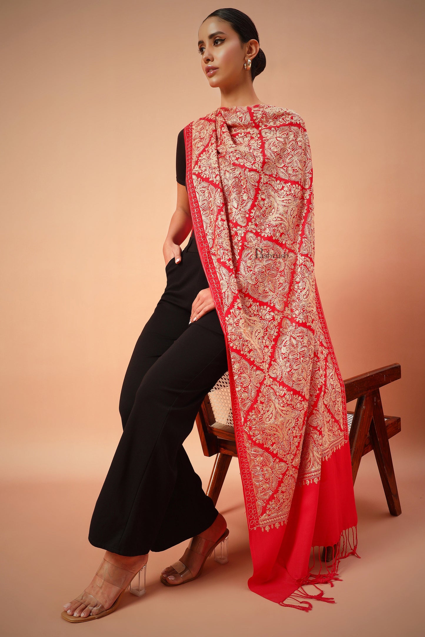 Pashtush India Womens Stoles and Scarves Scarf Pashtush Womens Woollen Stole, Silky Nalki Embroidery Needlework Stole, Red