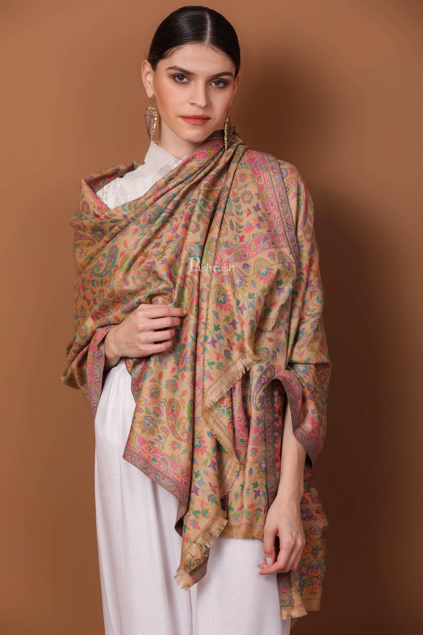 Pashtush India 70x200 Pashtush Womens Woven Ethnic Stole, Woollen, Faux Pashmina Stole, Pastel Hues
