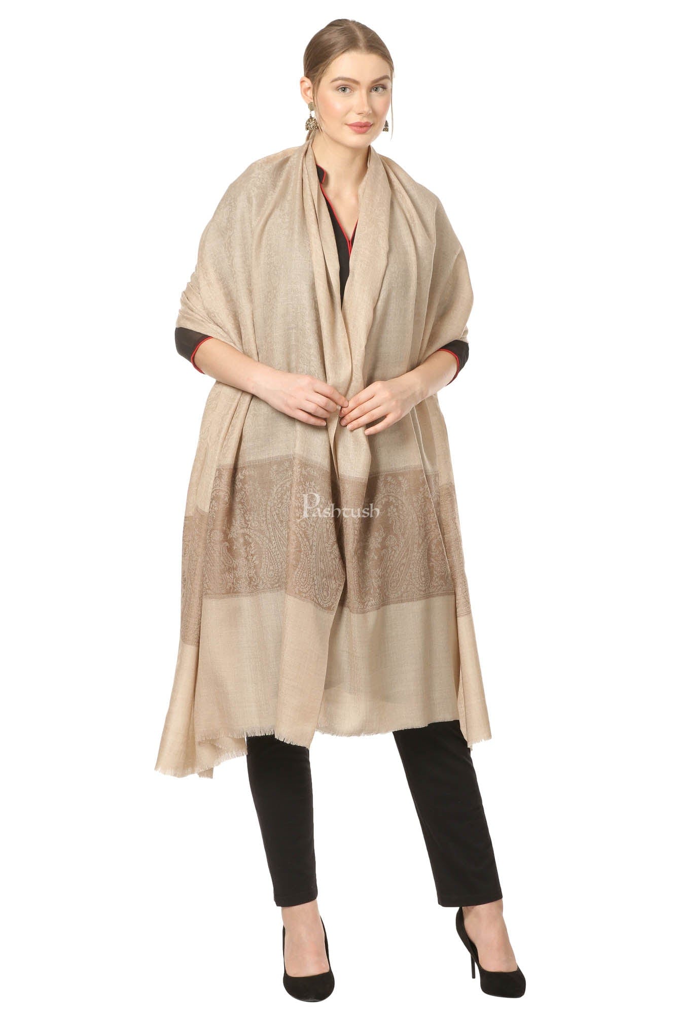 Pashtush India Womens Shawls Pashtush Womens Woven Extra Fine Wool Pashmina Shawl With Paiseley Weave