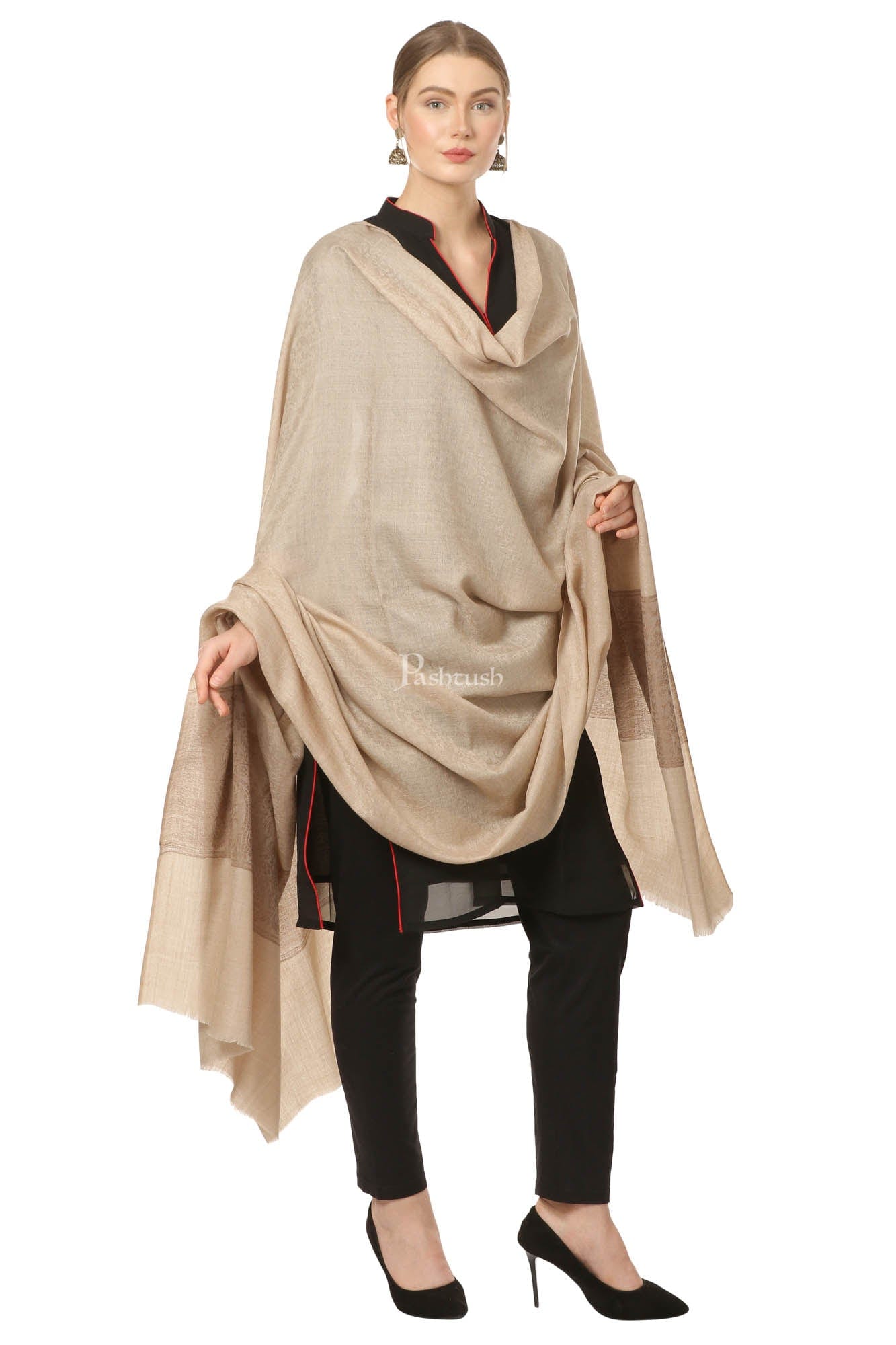 Pashtush India Womens Shawls Pashtush Womens Woven Extra Fine Wool Pashmina Shawl With Paiseley Weave