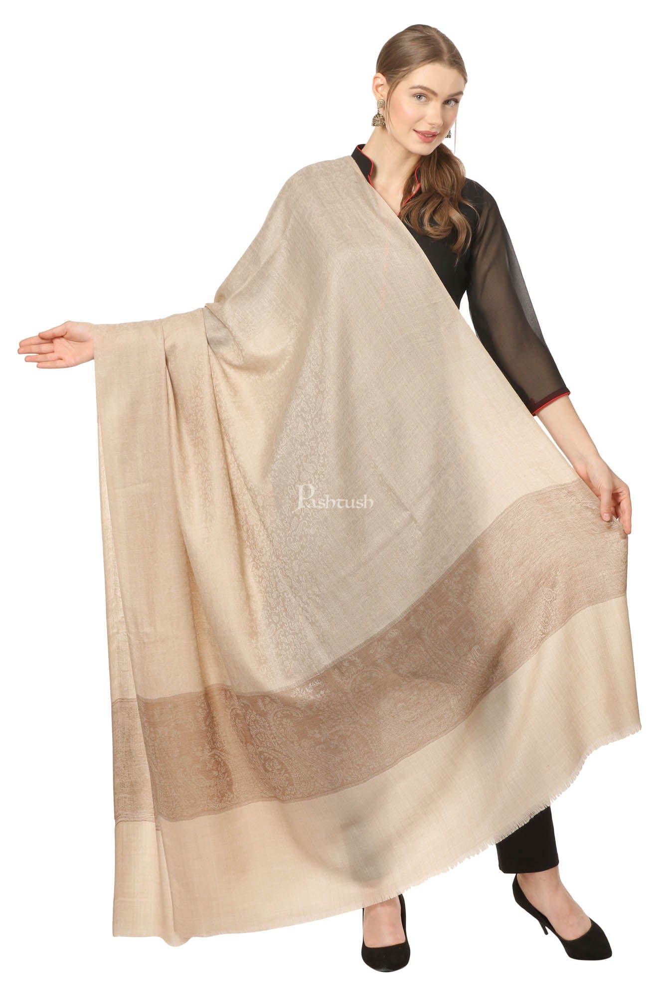 Pashtush India Womens Shawls Pashtush Womens Woven Extra Fine Wool Pashmina Shawl With Paiseley Weave